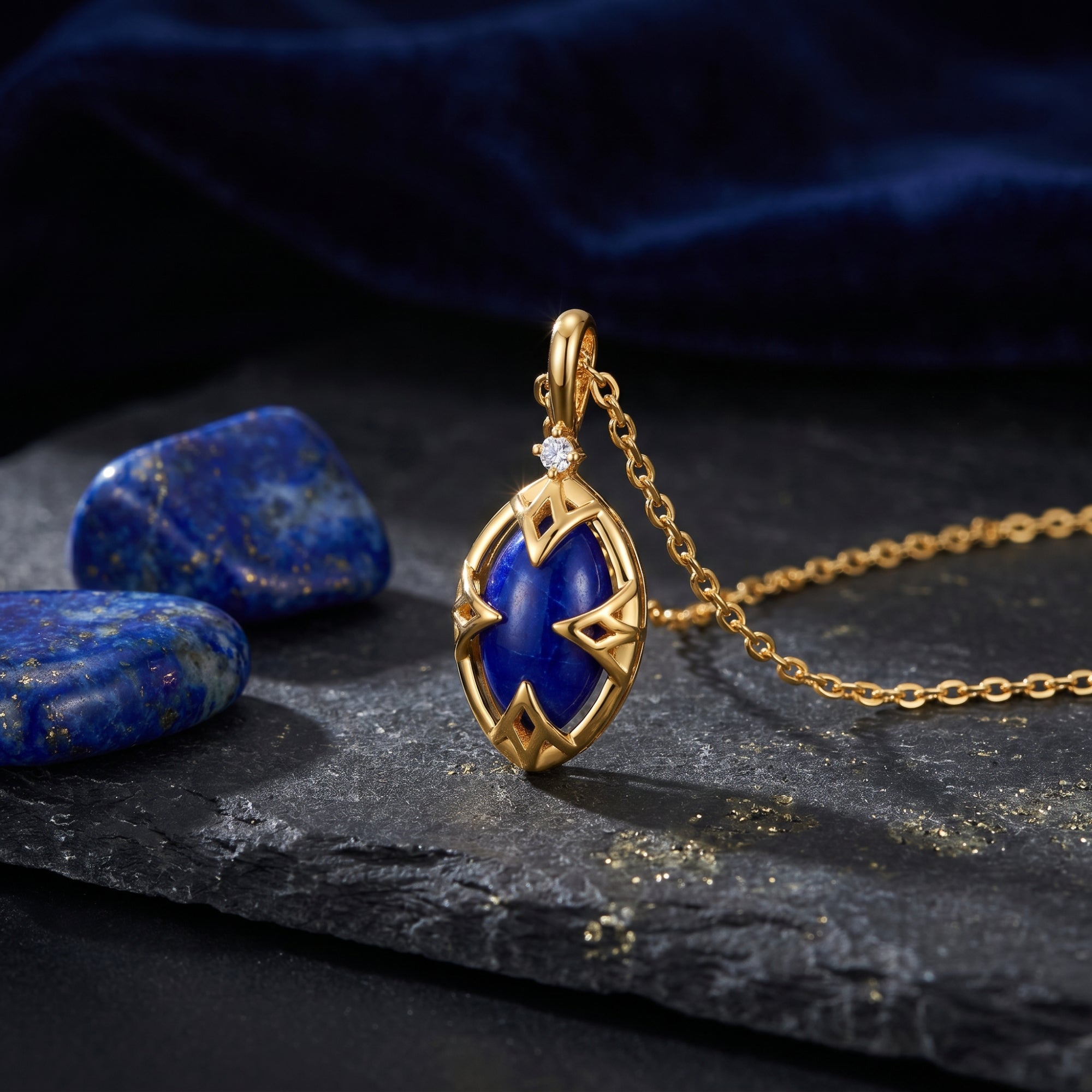 Yellow gold marquise natural lapis lazuli necklace styled on a dark stone with raw gemstones and blue velvet.