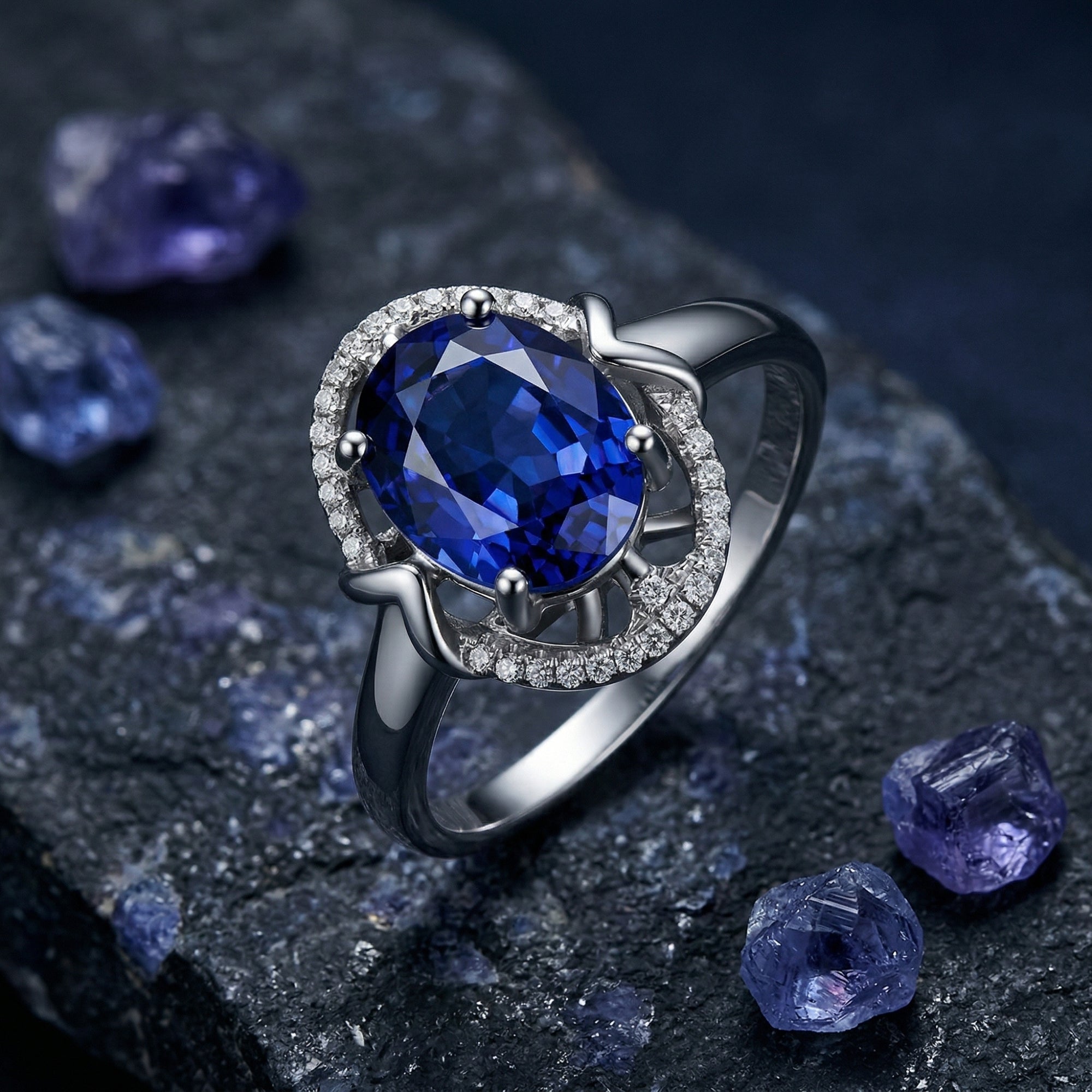 Angled view of an 18K white gold oval tanzanite ring with a diamond halo on a dark rock with raw crystals.