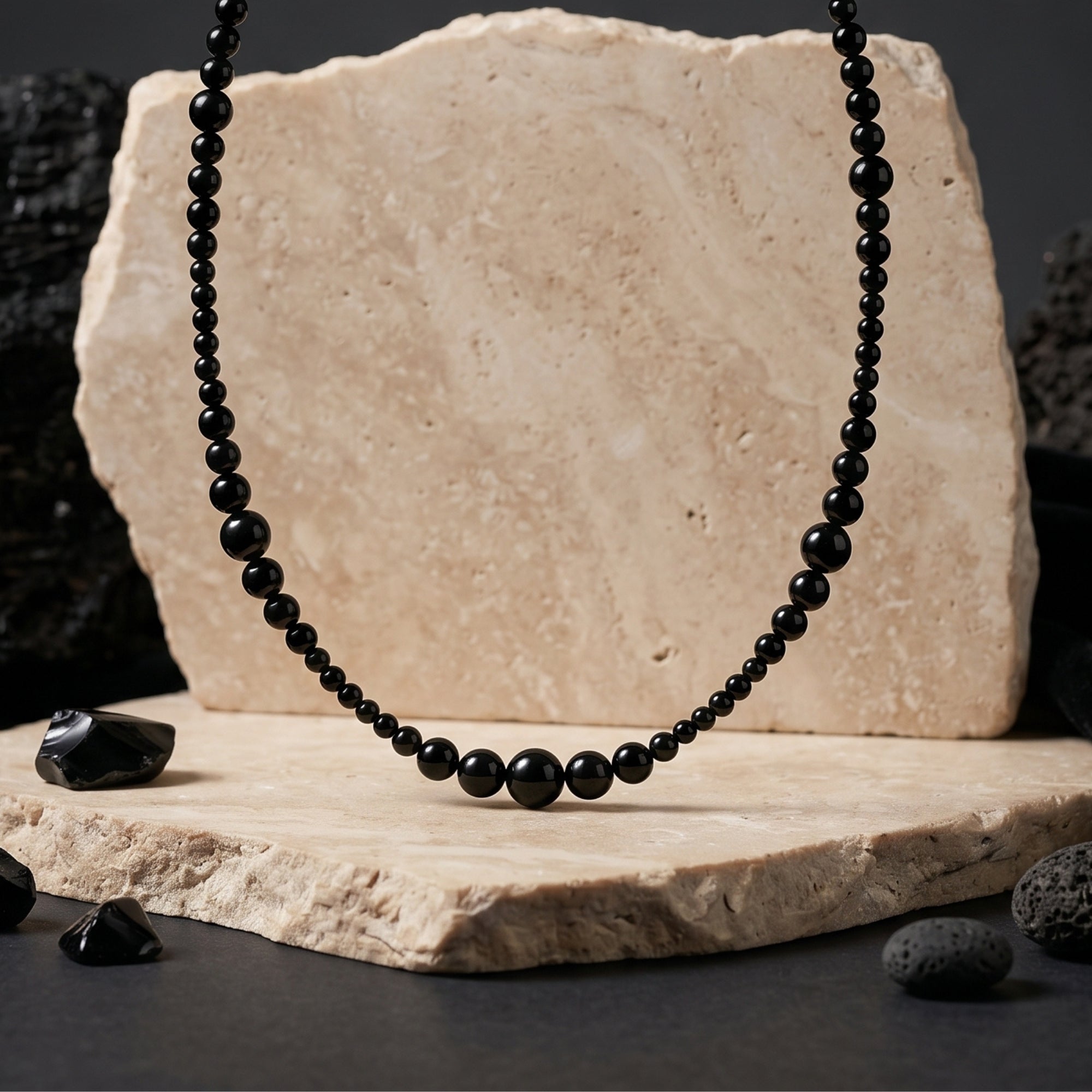 Graduated natural black onyx bead necklace displayed on a textured stone slab with volcanic rock accents.