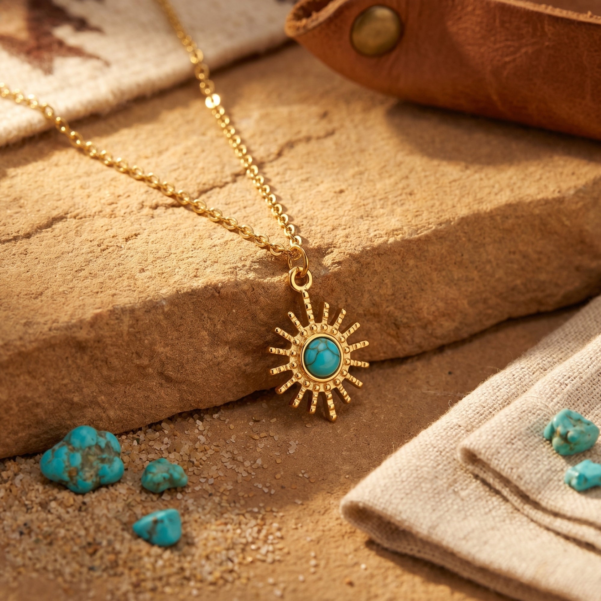 18K gold finish sunburst necklace with a turquoise cabochon draped on a desert-themed stone background.