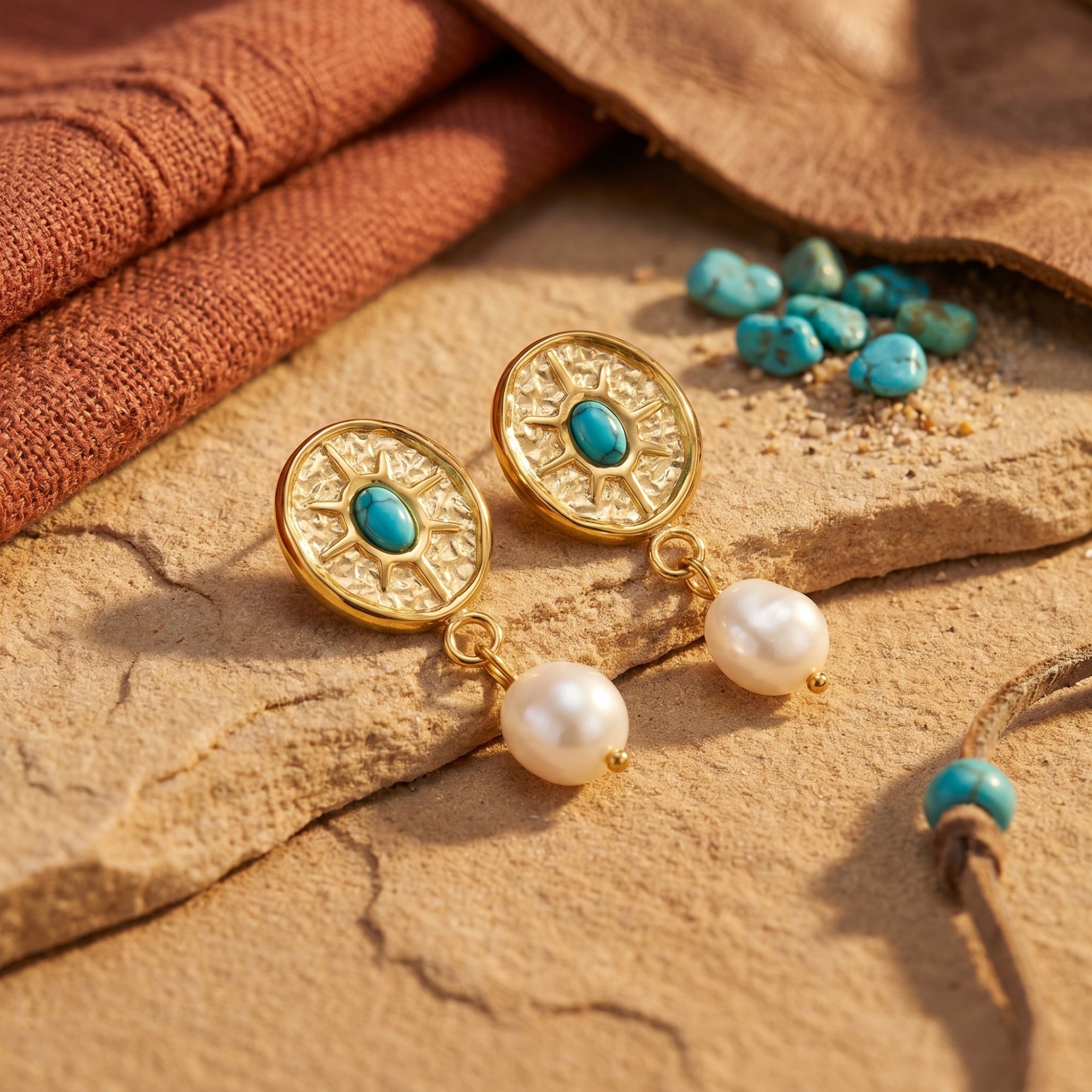 Gold sunburst drop earrings with turquoise cabochons and white pearls on a desert-themed stone background.