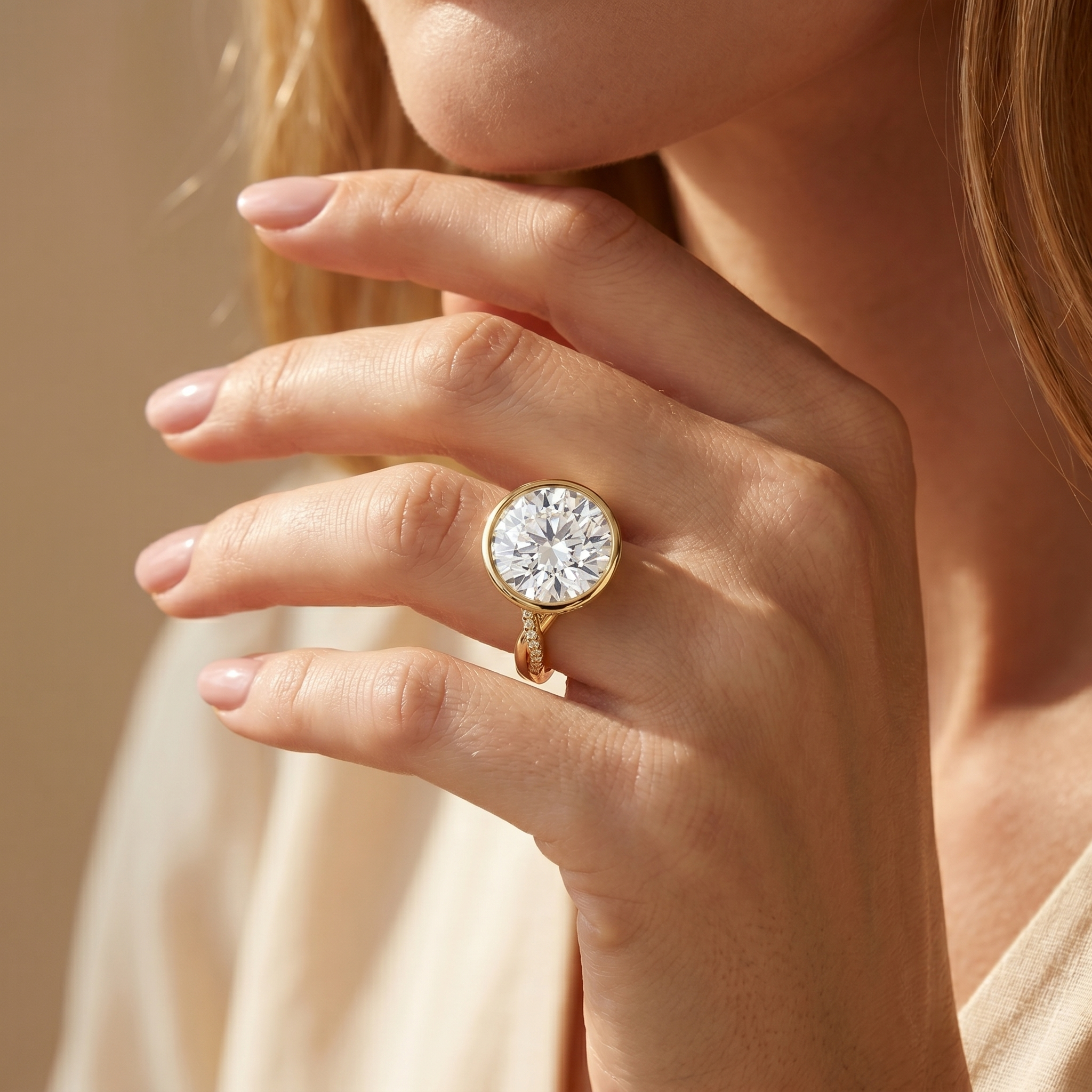 A model wearing a yellow gold round-cut moissanite bezel engagement ring.