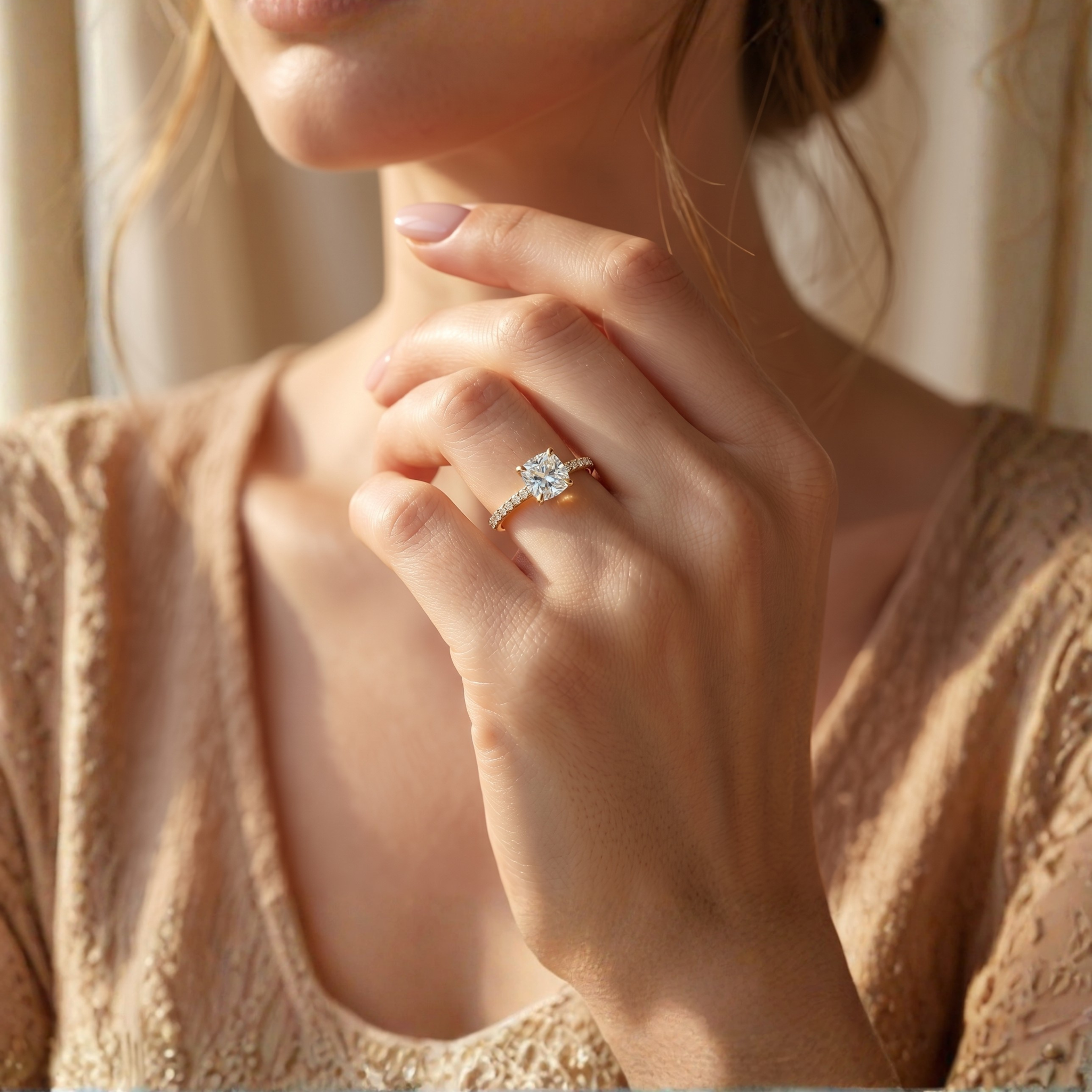 A woman wearing a yellow gold cushion-cut moissanite ring with a sparkling diamond-accented band.