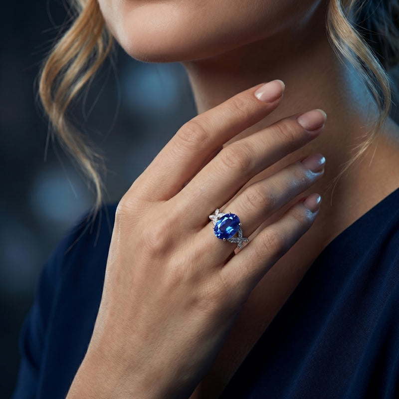 Model wearing the Luminis oval tanzanite and diamond ring in 18K white gold on her ring finger.