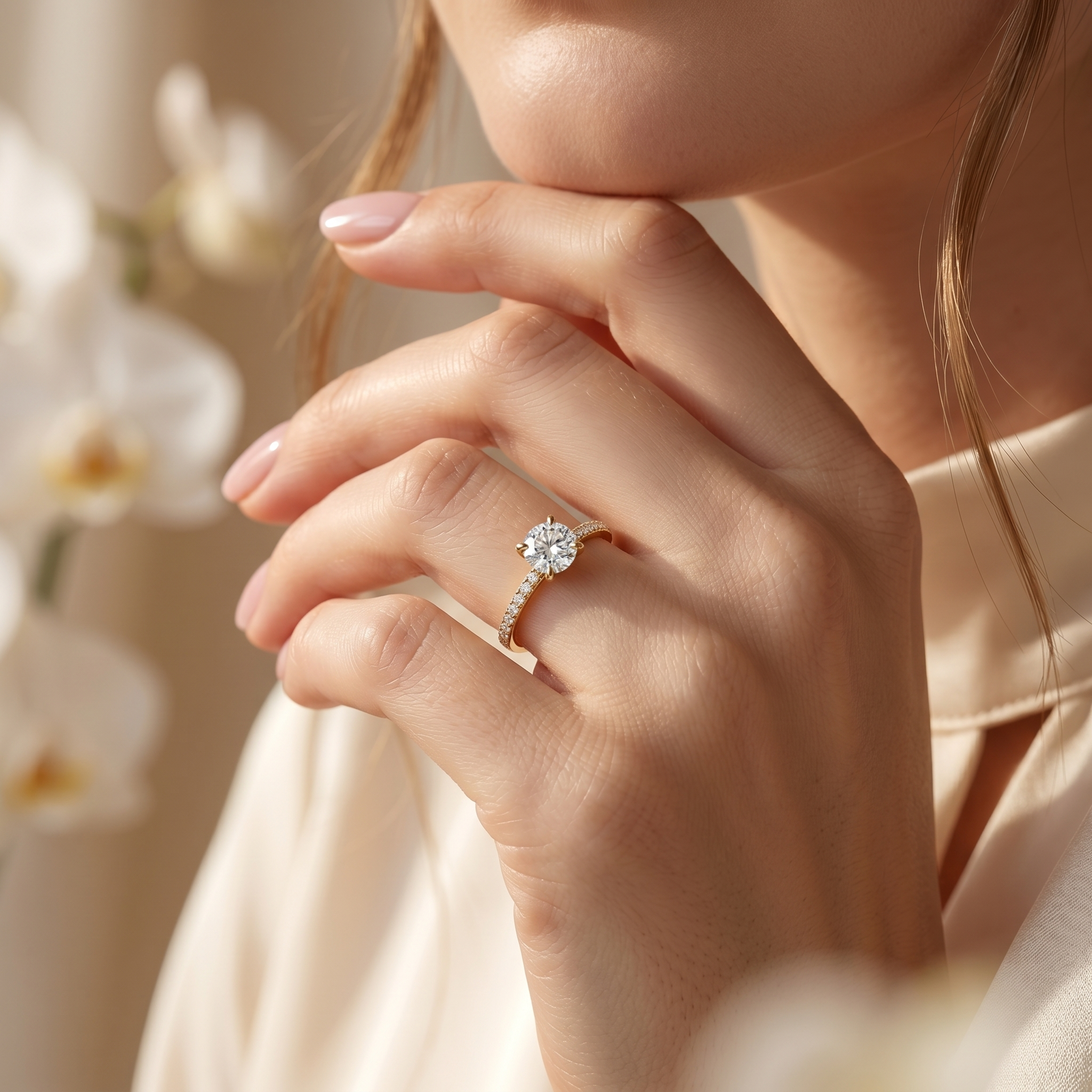 A woman wearing a round-cut moissanite engagement ring set in a yellow gold pave band.