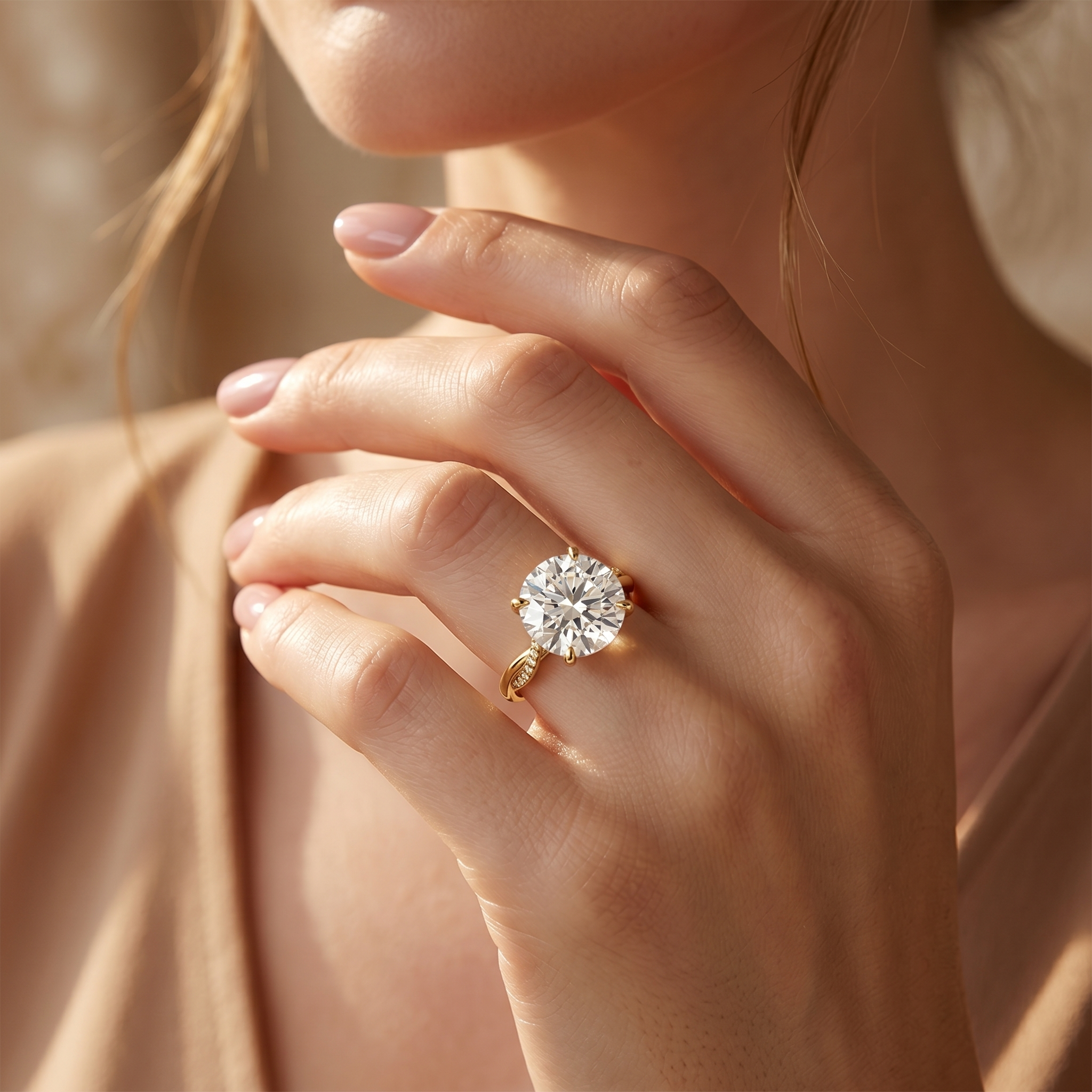A woman wearing a large round-cut moissanite ring with a yellow gold twisted band.