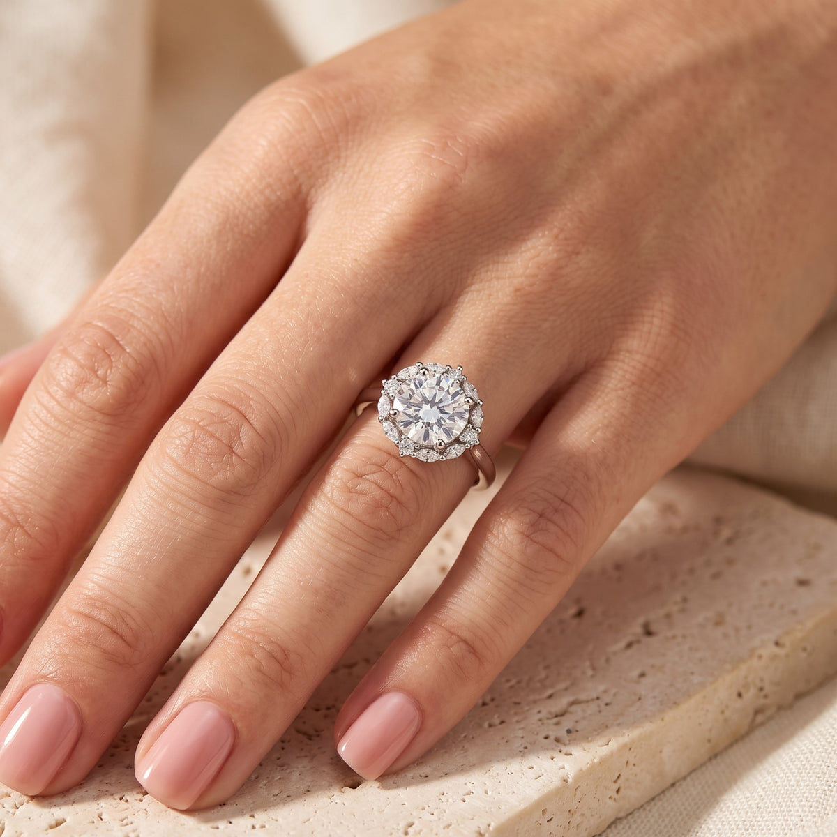 The silver Sunburst Halo Ring worn on a finger, showing its appearance and scale on the hand.