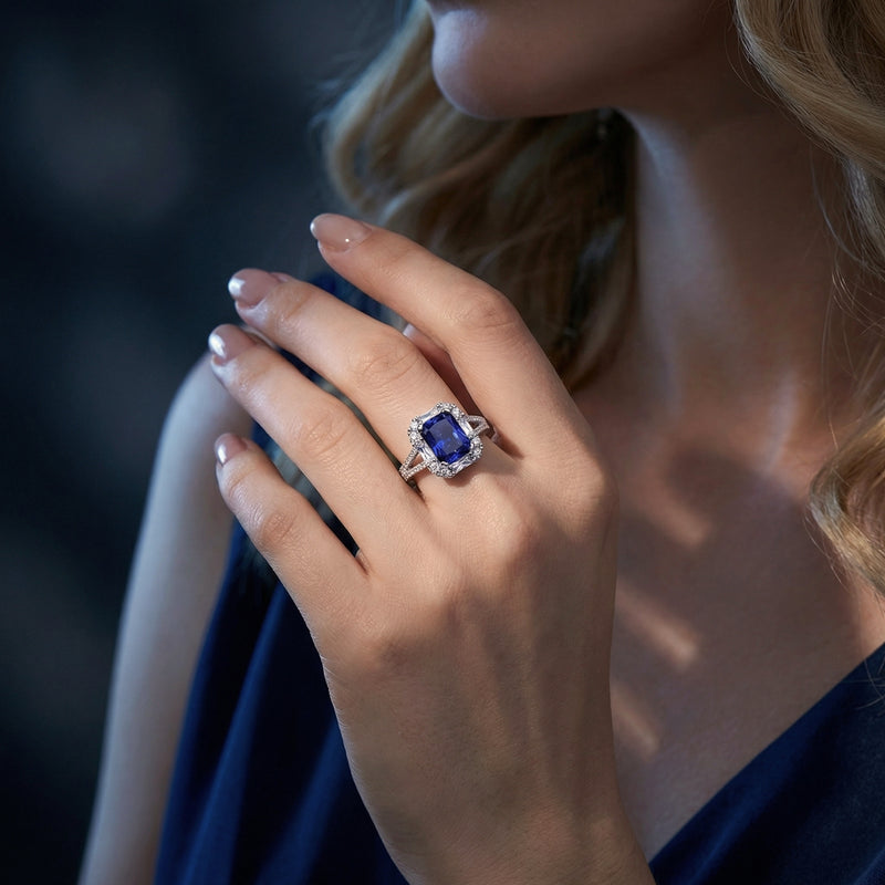 The Lysanne radiant tanzanite ring in sterling silver worn on a model's hand with a dark blue dress.