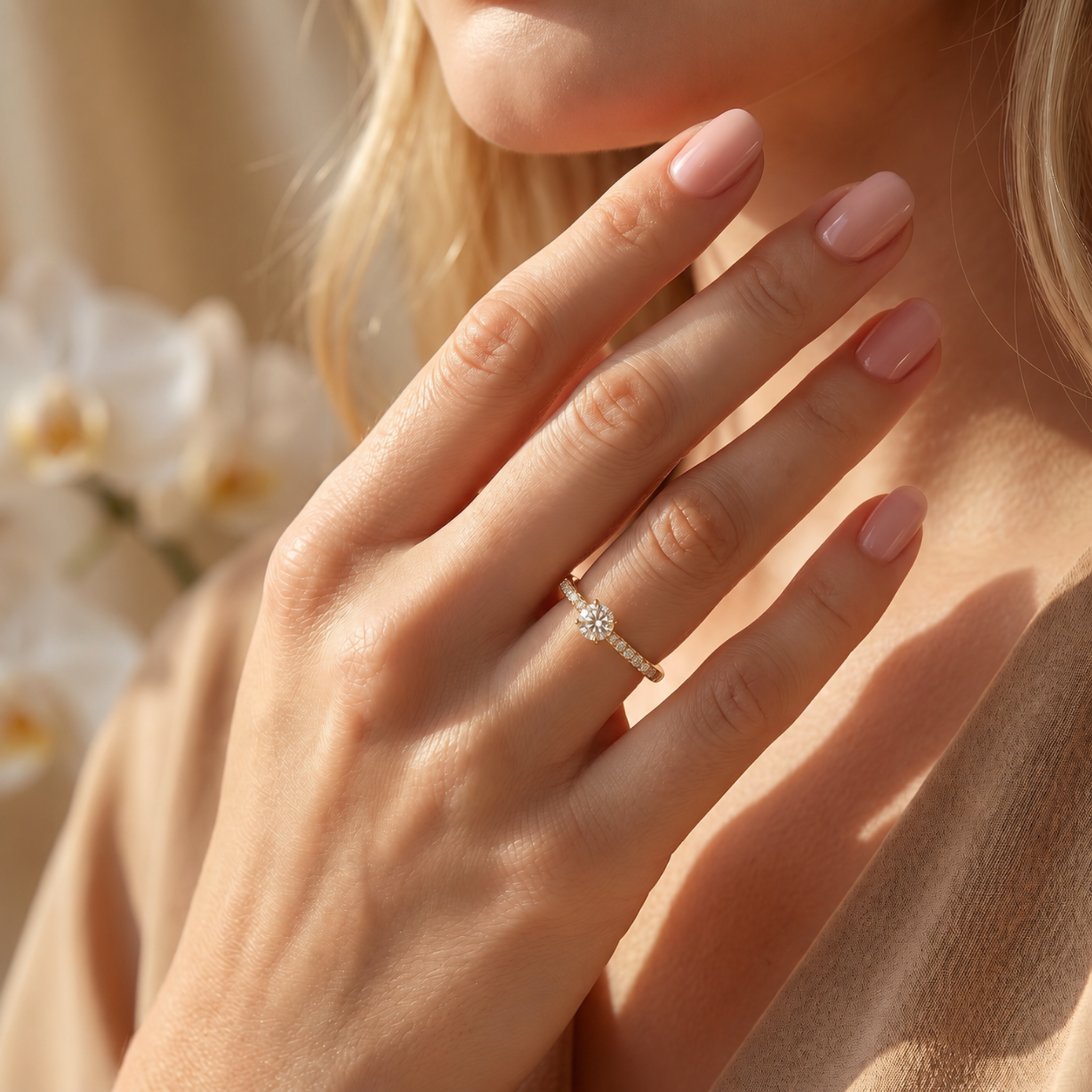 An elegant yellow gold round-cut moissanite ring with a pavé band worn on a woman's hand.