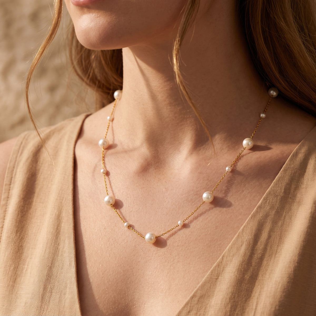 Gold-tone pearl station necklace worn around a model’s neck over a neutral beige garment.