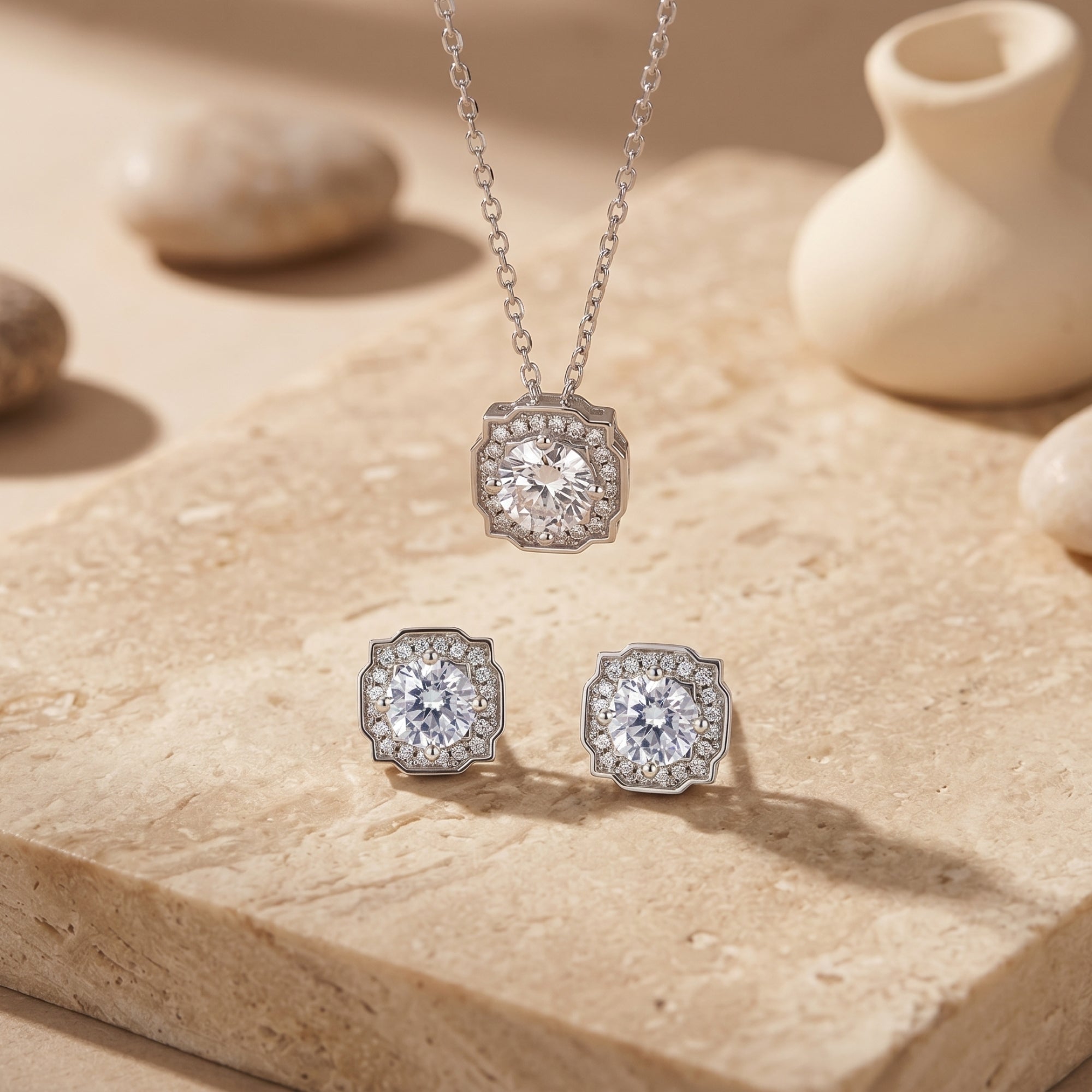 Silver Aurestella moissanite halo pendant and stud earrings set displayed on a textured stone slab.