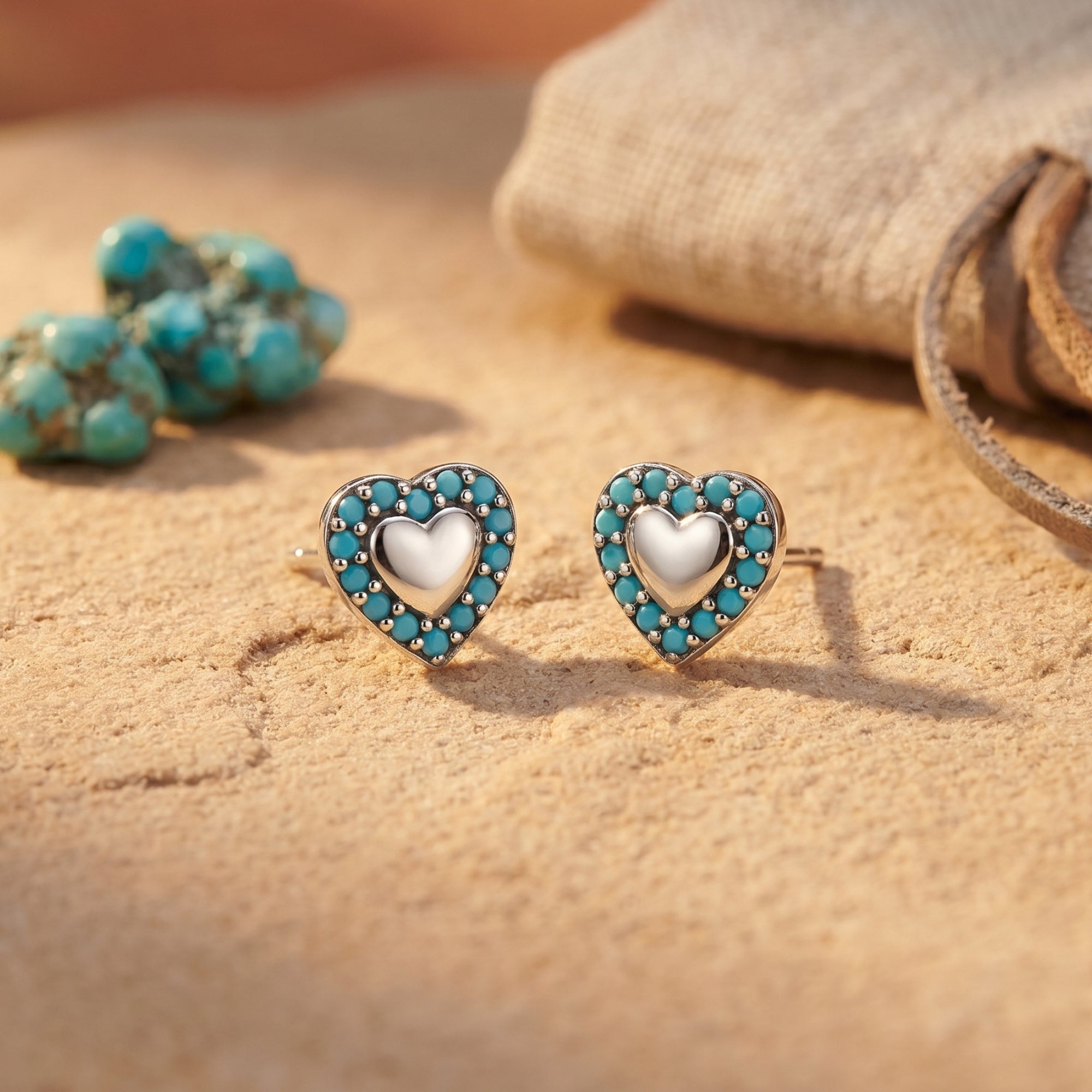 Macro view of silver heart earrings featuring a smooth center and a border of round turquoise cabochons.
