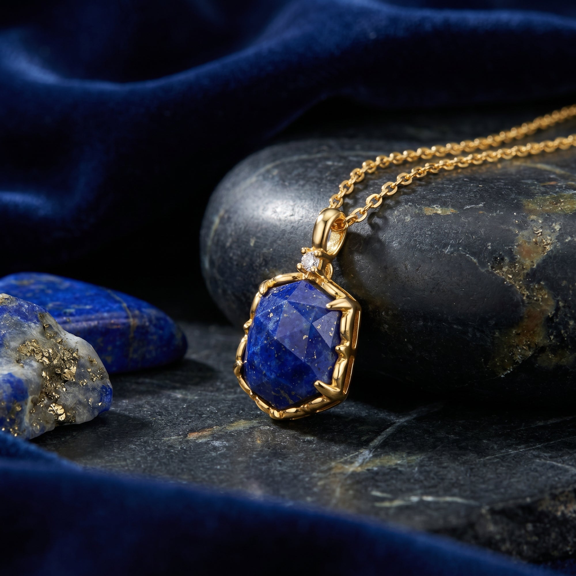 Close-up of a gold plated hexagon cut lapis lazuli pendant on a dark rock showing the faceted stone.