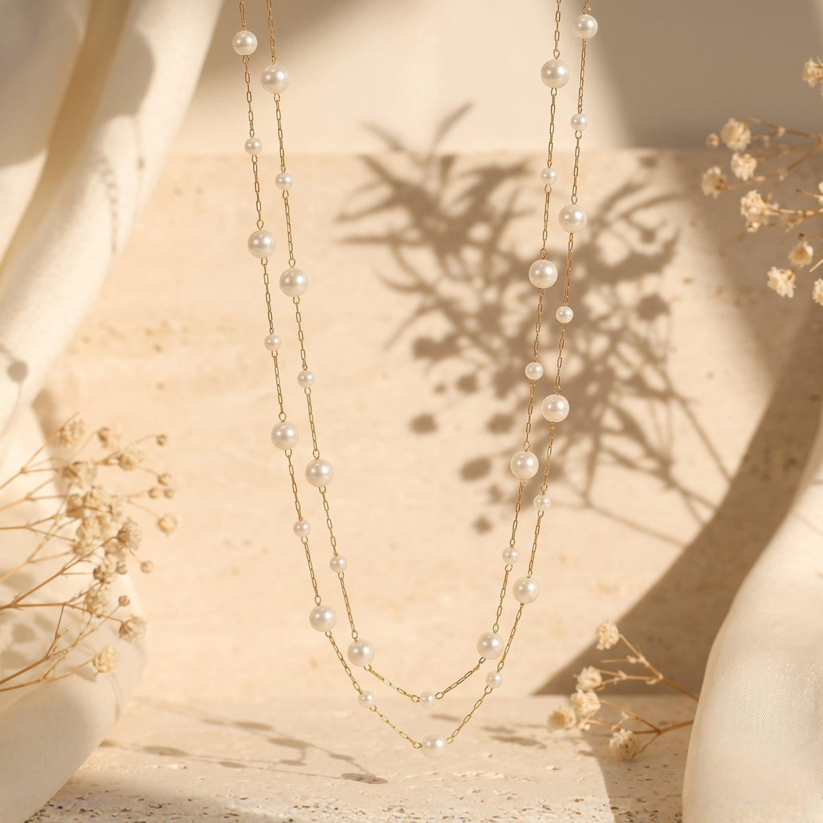 Double-strand gold-tone pearl station necklace hanging vertically against a textured neutral background.