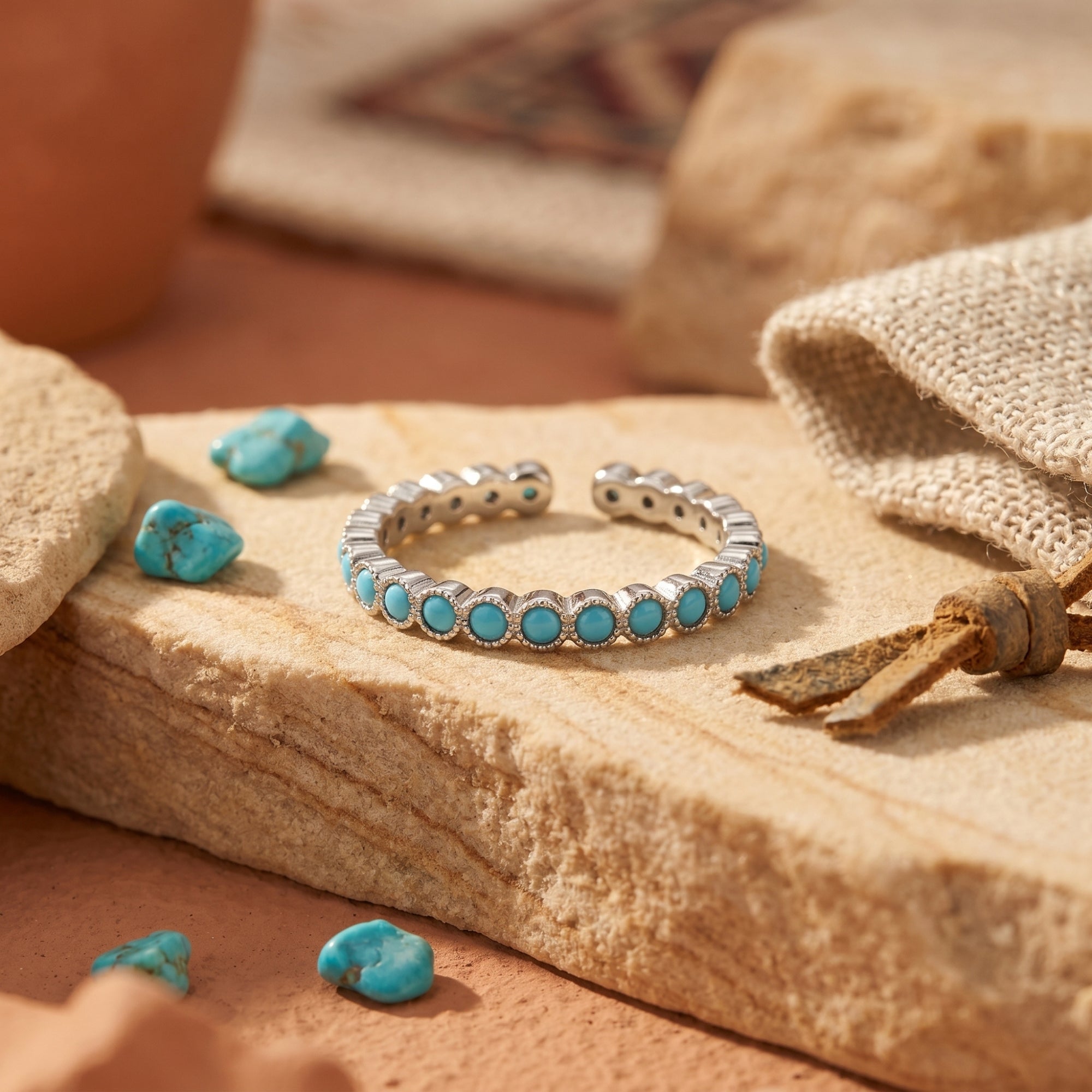 Sterling silver Zia turquoise eternity ring with round stones on a stone surface with raw turquoise.
