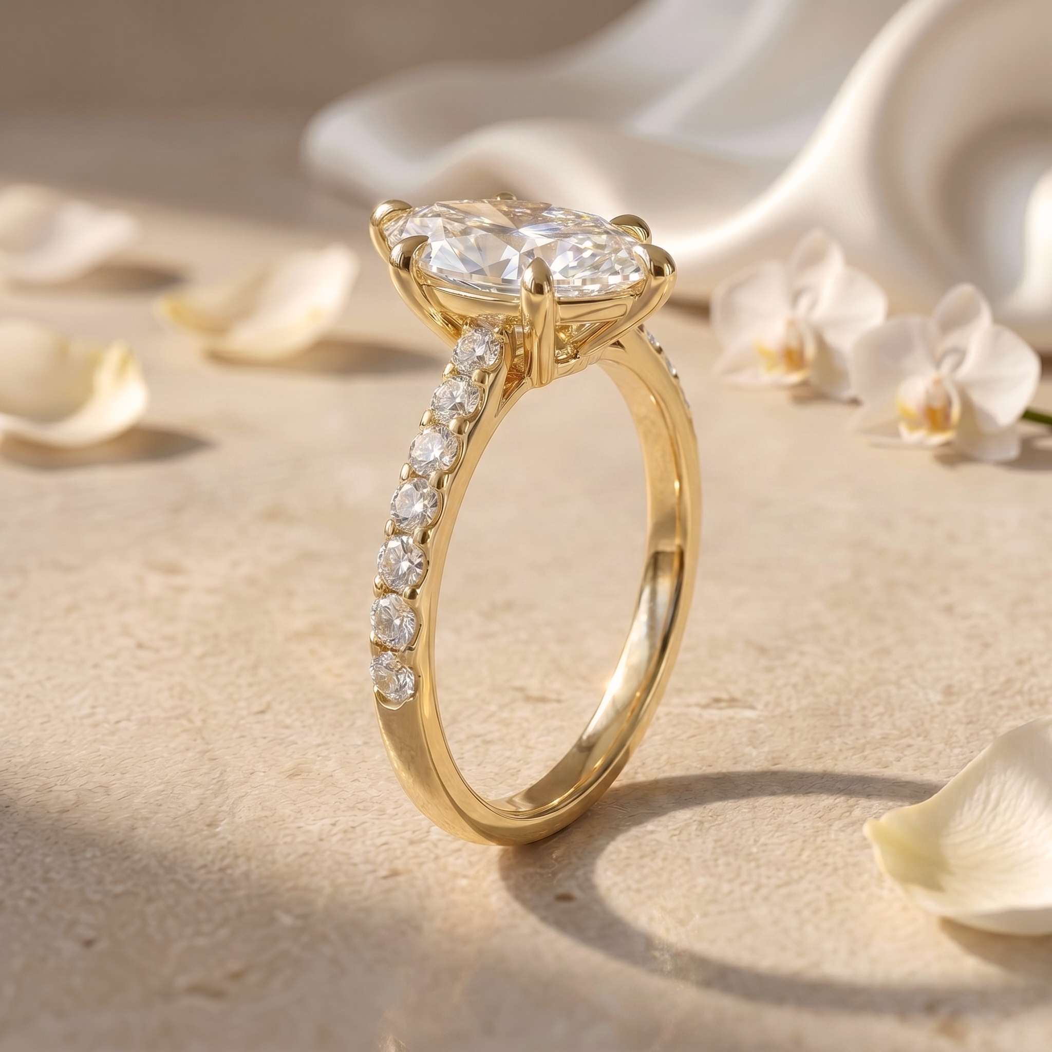 A detailed side profile of a yellow gold marquise-cut moissanite ring, showing the elegant basket setting and the diamond pavé along the band.