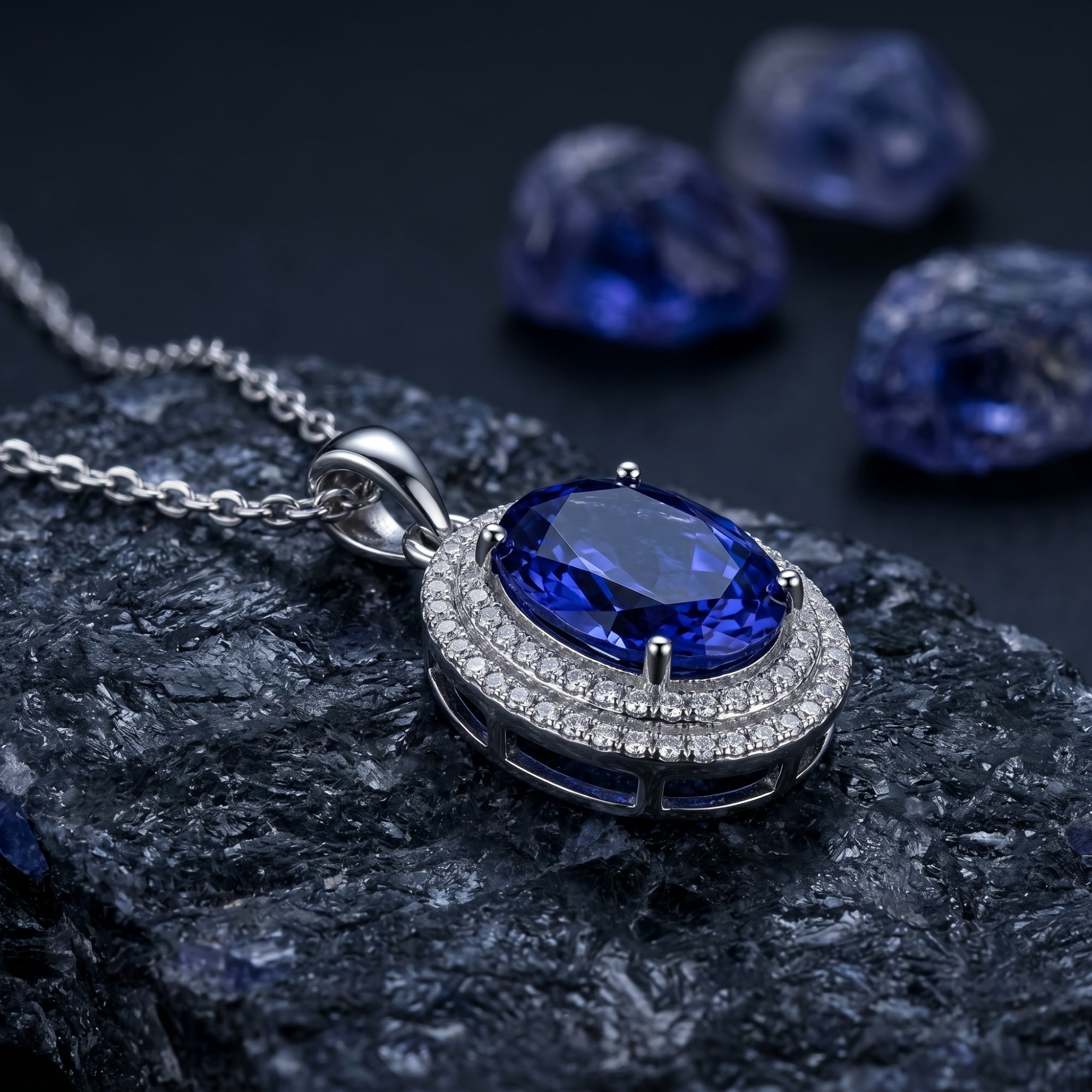 Macro view of the oval tanzanite pendant showing the double zircon halo and silver setting details.
