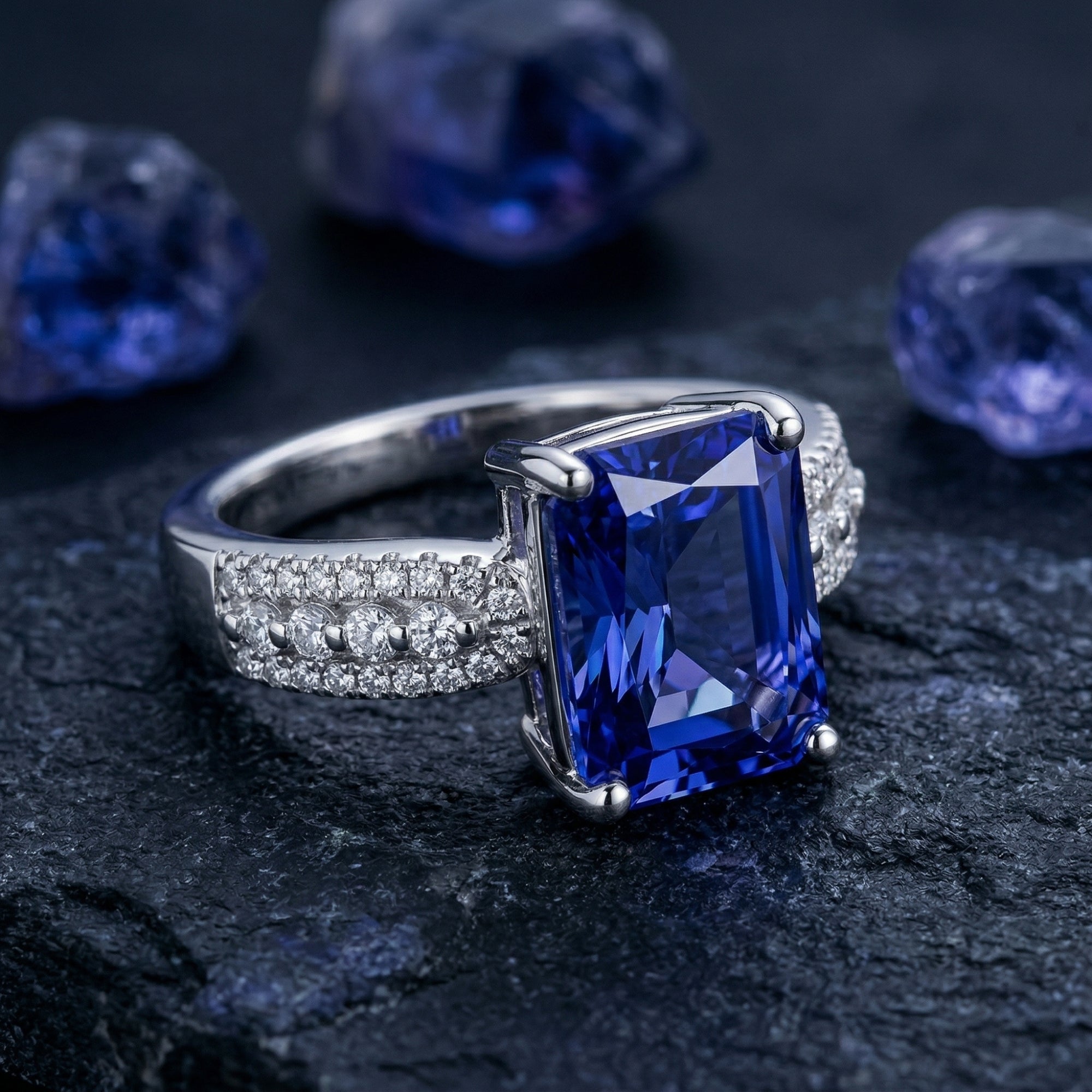 Close-up of a radiant cut blue tanzanite ring in sterling silver showing the detailed pavé set band.