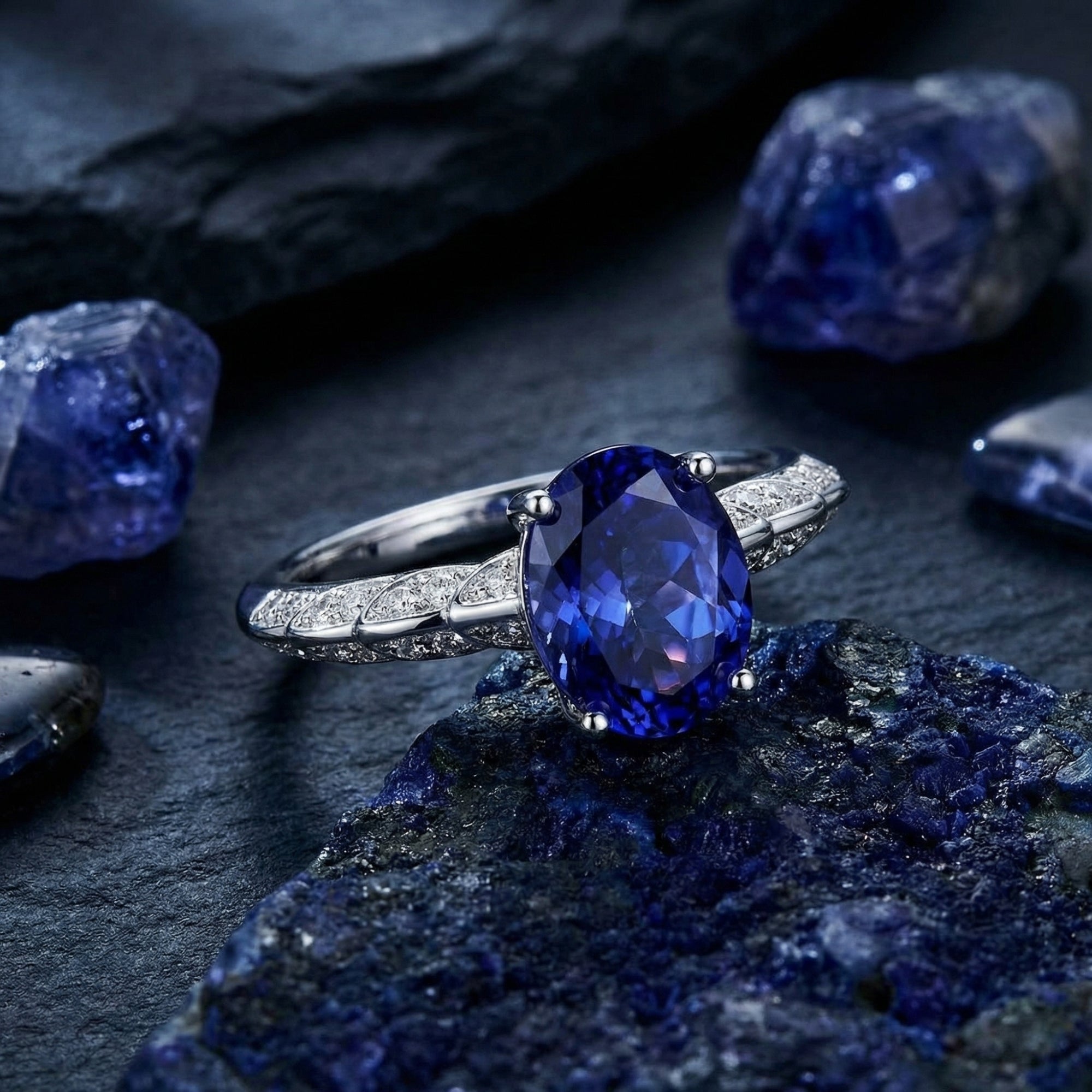 Close-up of an oval cut natural tanzanite ring in silver, highlighting the intricate pave-set band and blue stone.