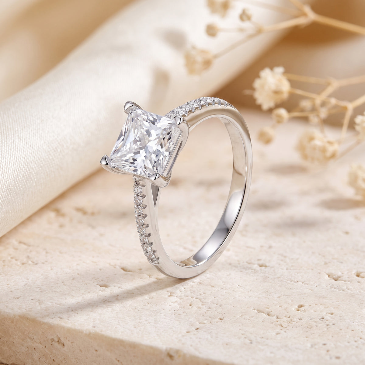Side profile view of the 14K or 18K solid gold cathedral ring, showing the prong setting and pave accent stones on the band.