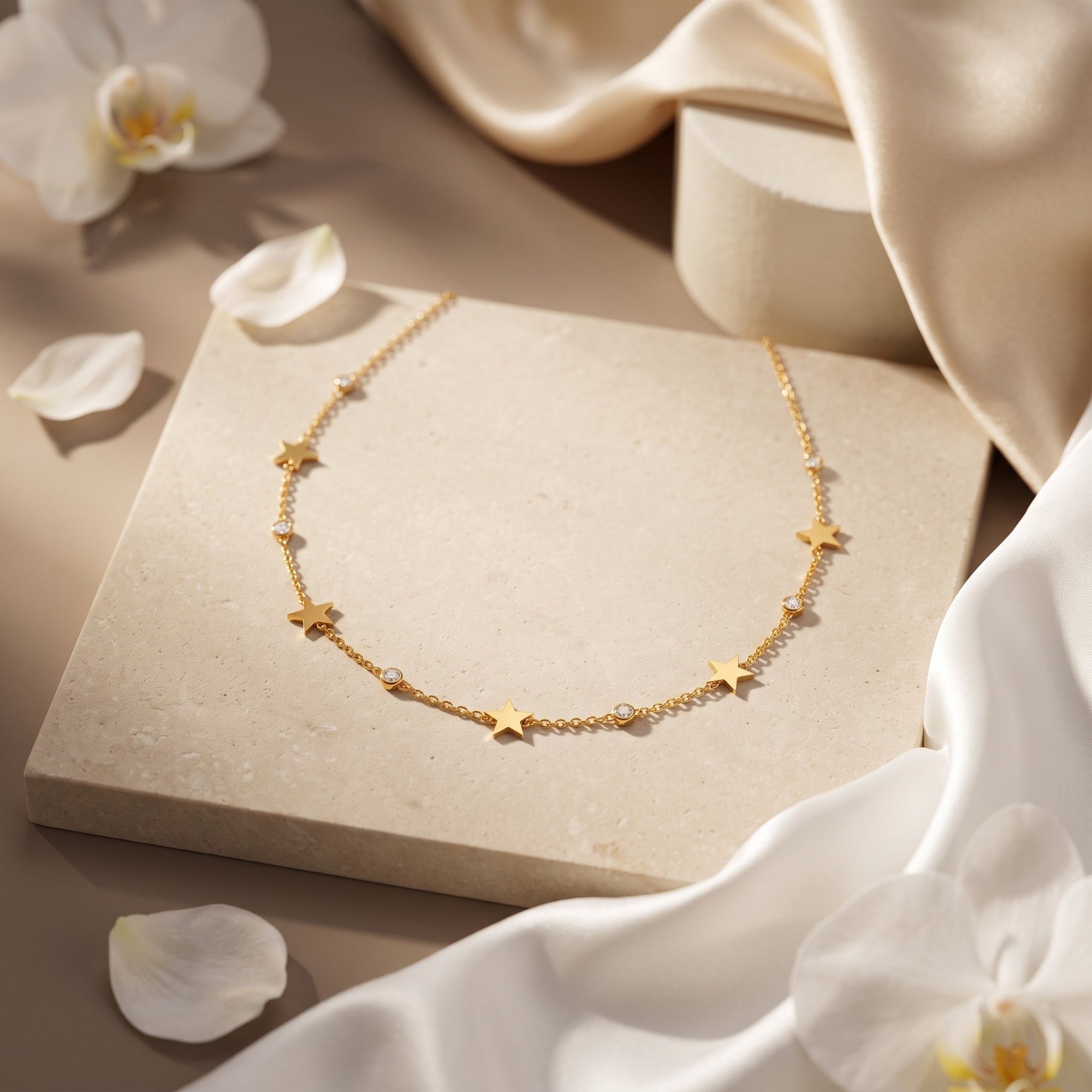 18K gold finish star necklace with round stones displayed on a stone slab with white silk.