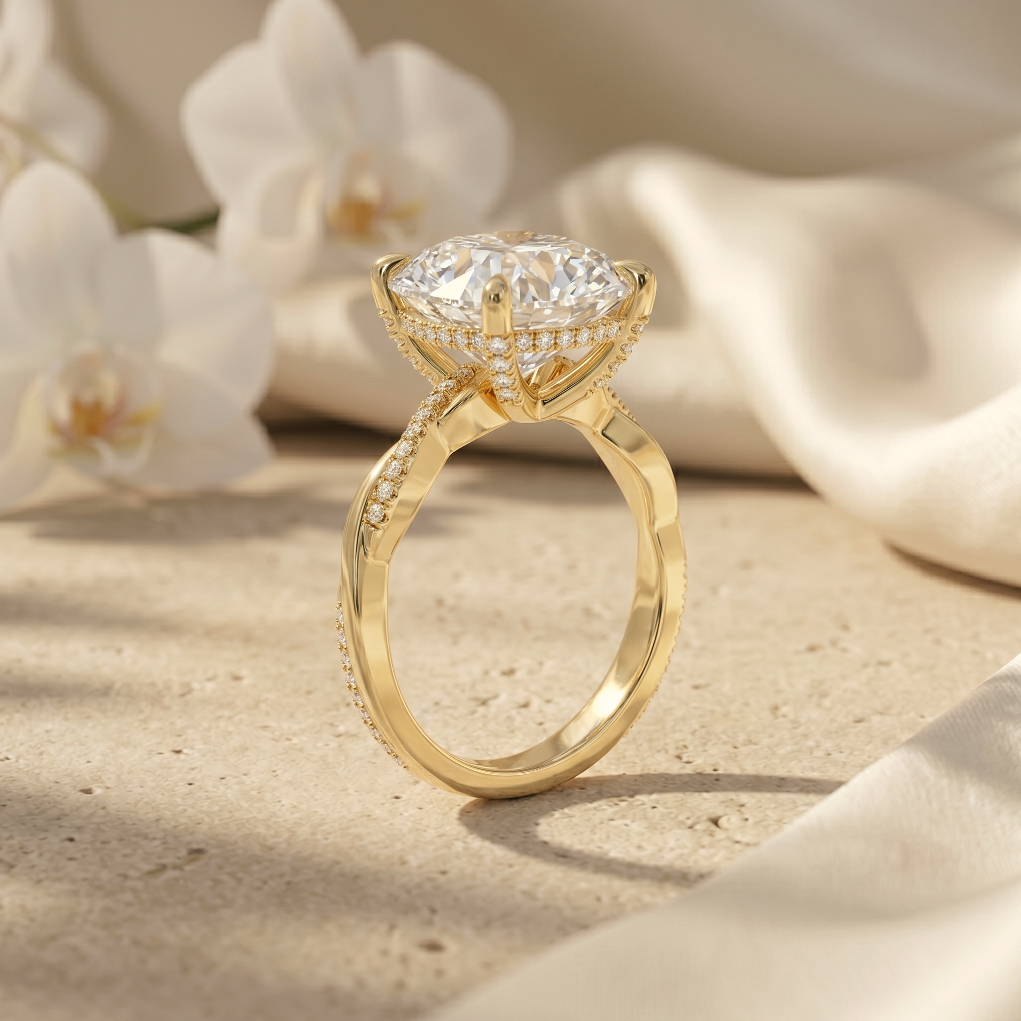 A detailed profile view of a round-cut moissanite engagement ring in yellow gold showing the intricate pavé gallery and band details.