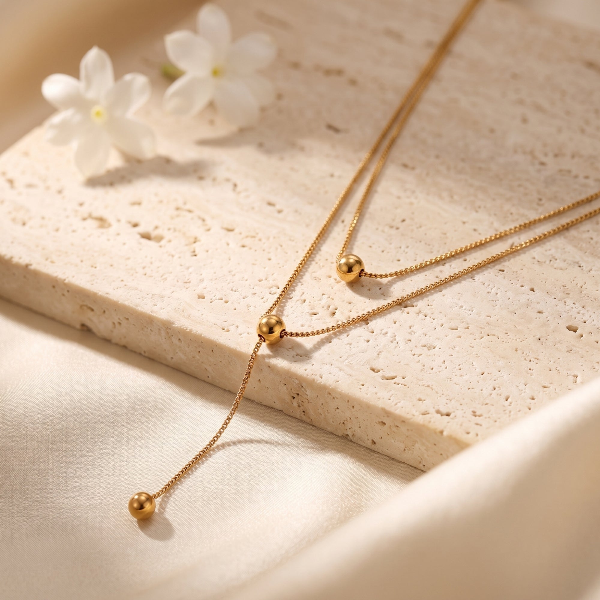 Detail shot of the 18K gold PVD stainless steel spheres and delicate chains of the Amelie layered necklace.