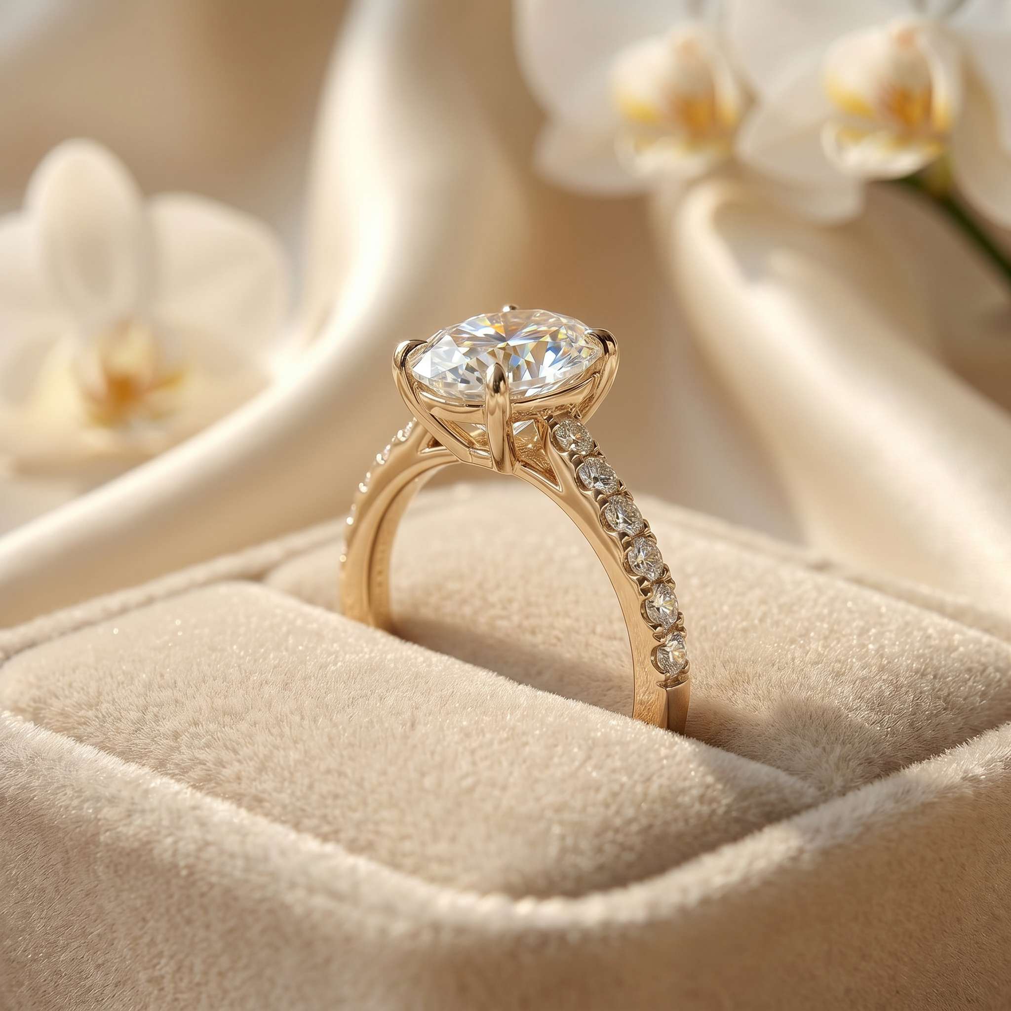 Side profile of a gold oval moissanite engagement ring with a pavé band in a velvet jewelry box.