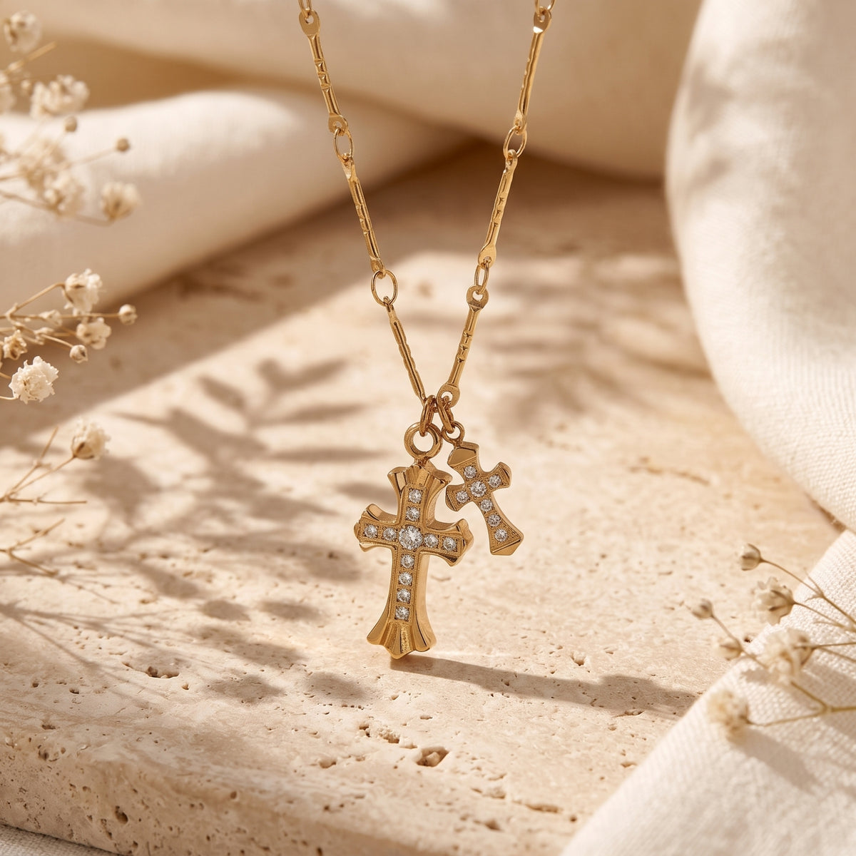 Close view of the layered gold-tone cross pendants with clear stones hanging over a pale stone slab.
