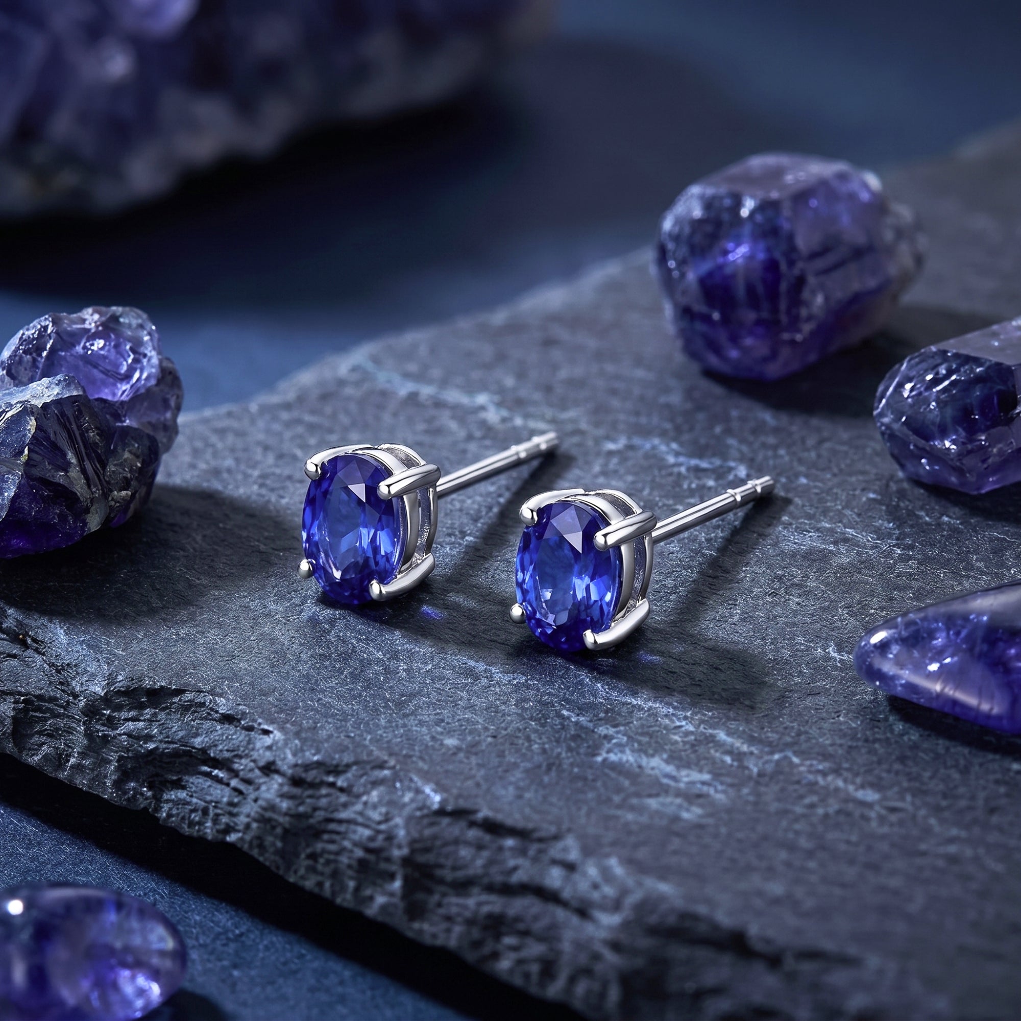 Pair of 18K white gold oval tanzanite stud earrings displayed on a textured slate background with raw crystals.