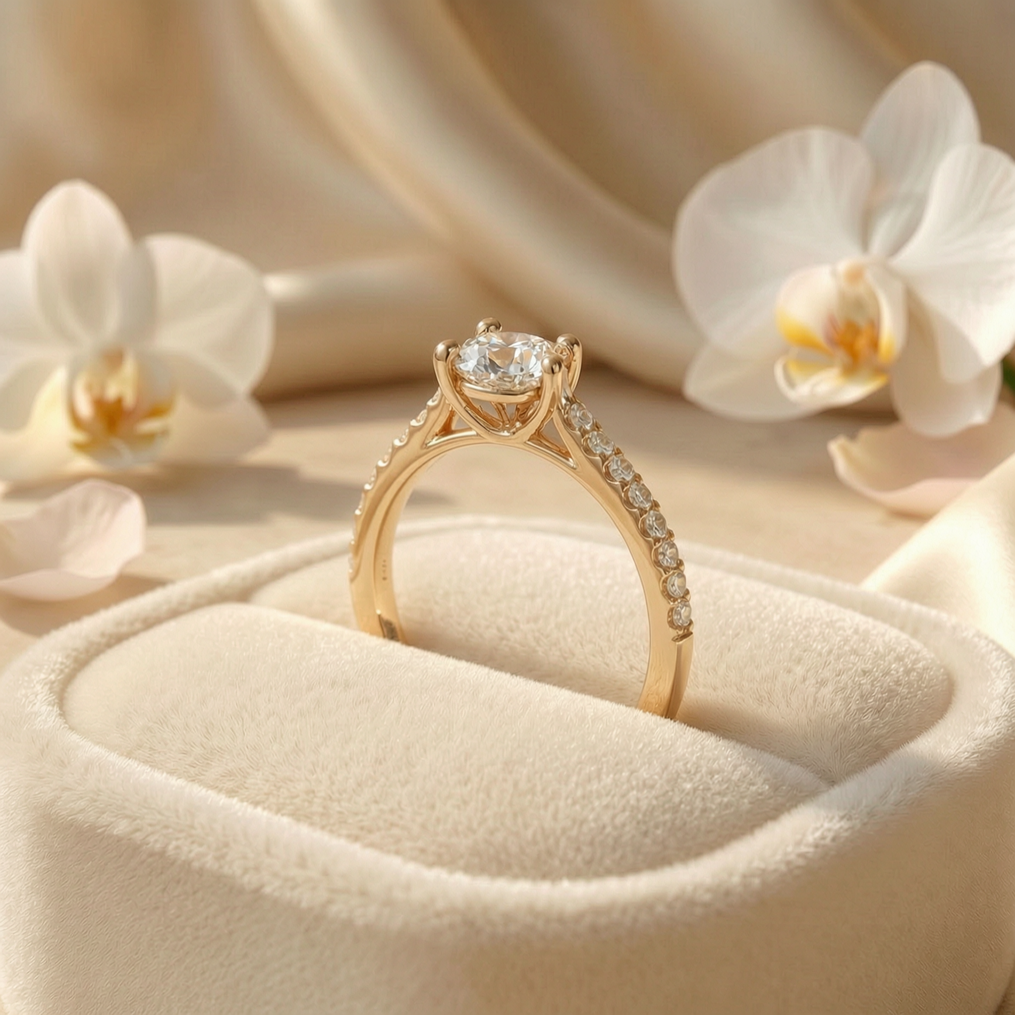 A detailed profile view of a yellow gold round moissanite engagement ring in a cream-colored velvet box.