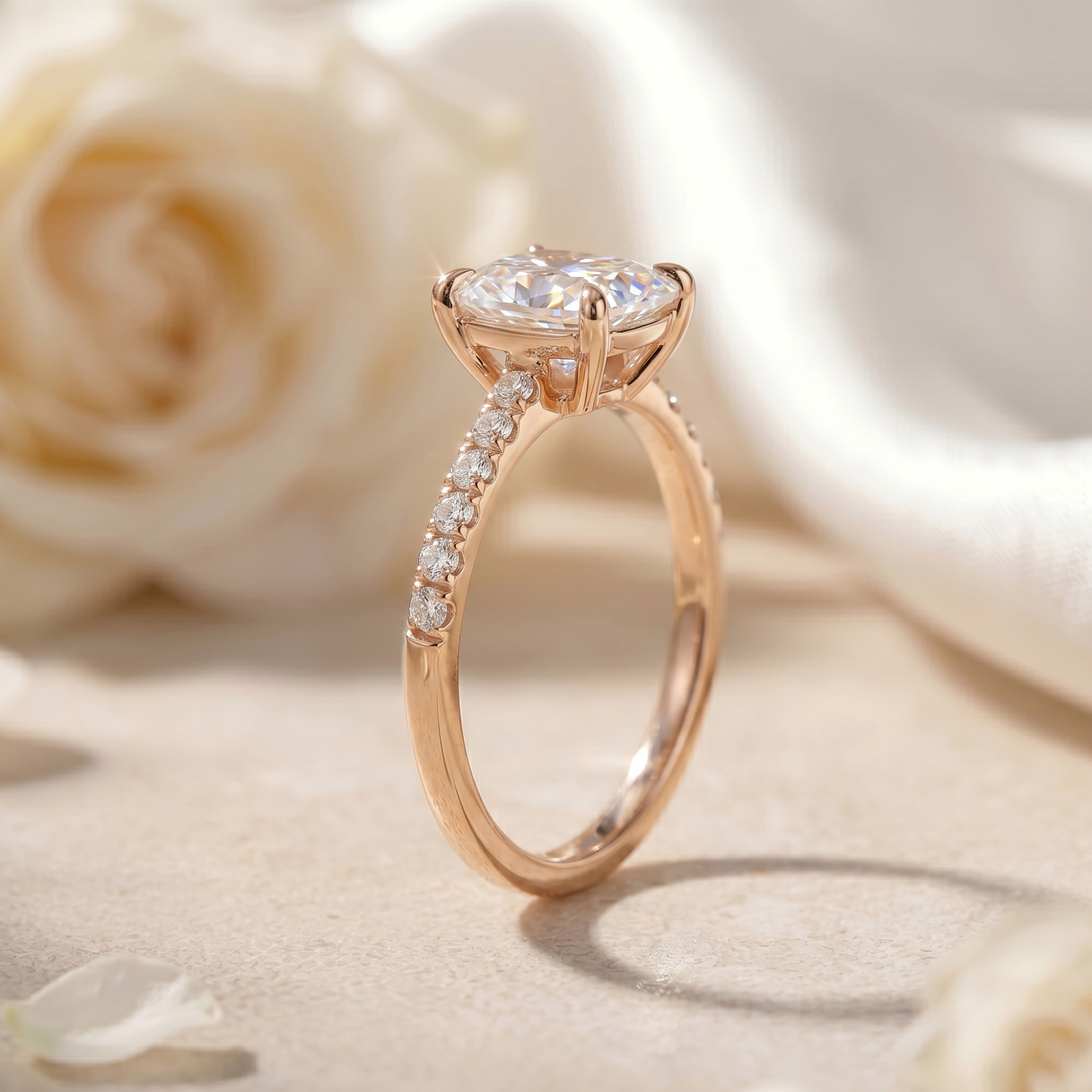Side profile view of a rose gold cushion cut moissanite engagement ring with a pavé band, showcasing the secure prong setting.