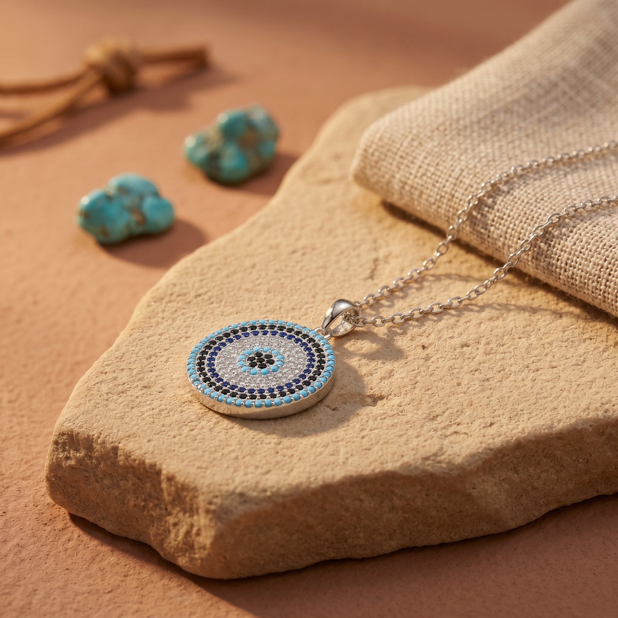Detail view of the silver circular pendant with a turquoise cabochon and concentric rings of blue and white stones.