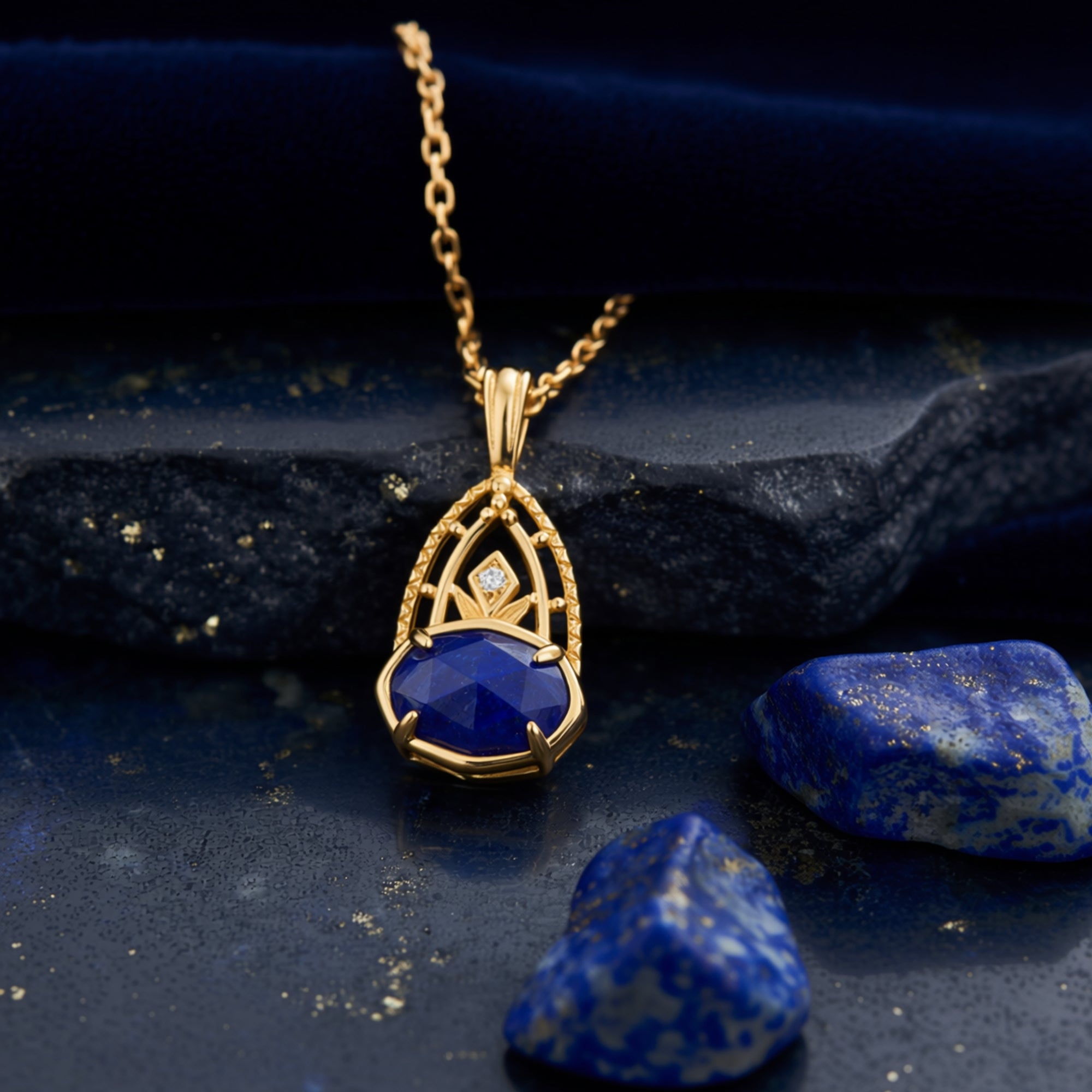 Macro view of the yellow gold Azure Crest pendant showing the faceted oval lapis lazuli and ornate filigree setting.