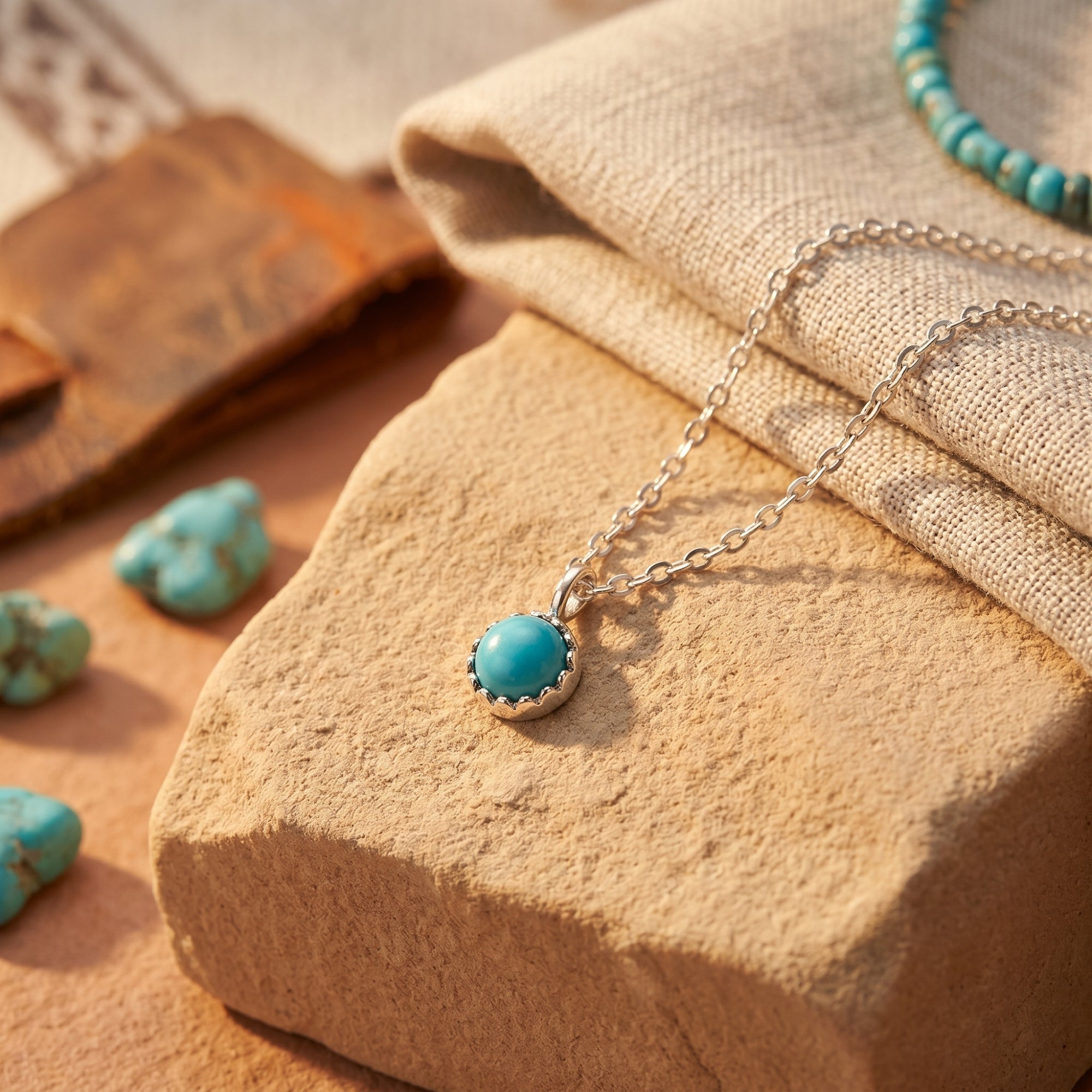 Sterling silver turquoise necklace on a stone block, styled with a turquoise bead bracelet and desert-inspired accents.