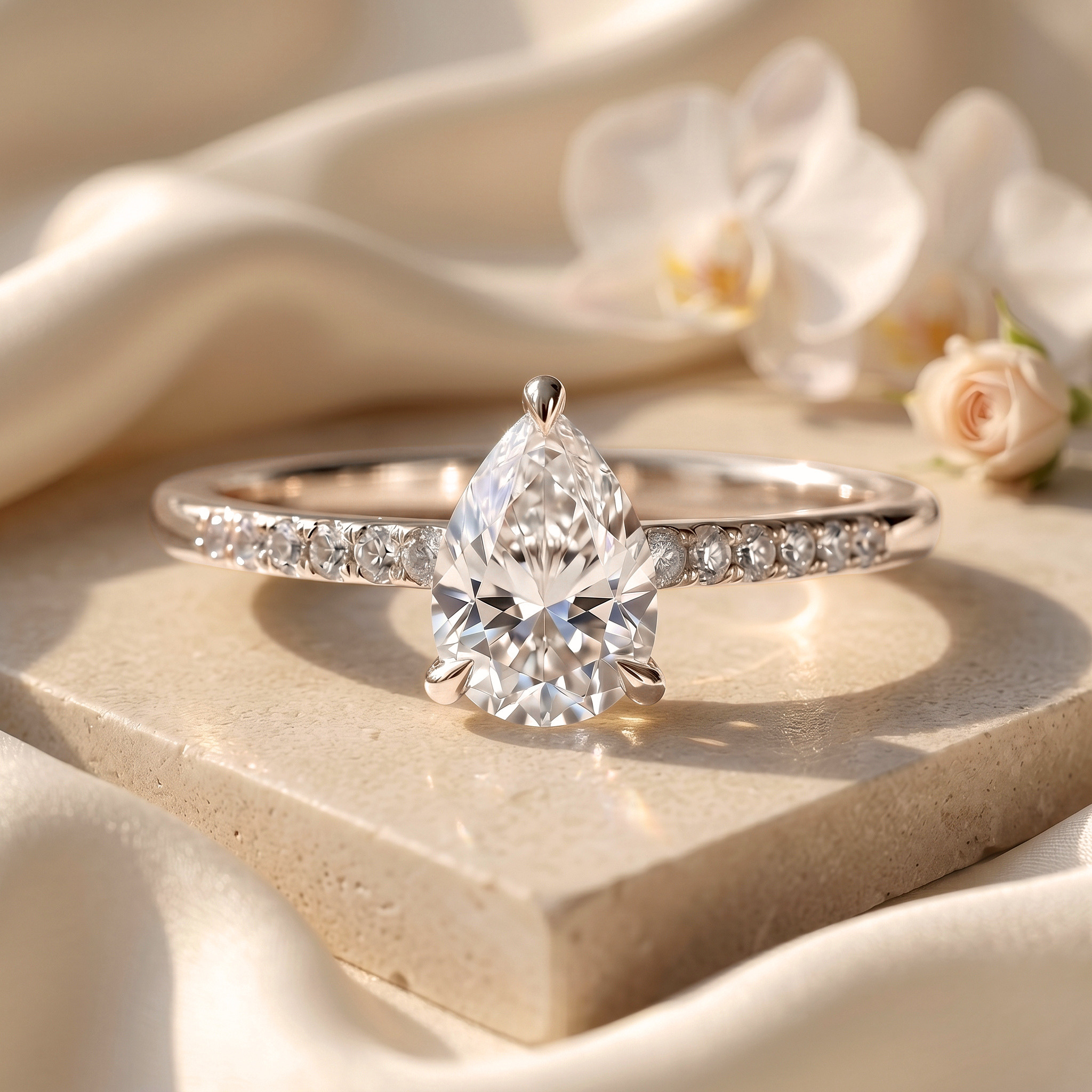 A white gold pear-cut moissanite engagement ring with a pavé band, elegantly placed on a stone surface.