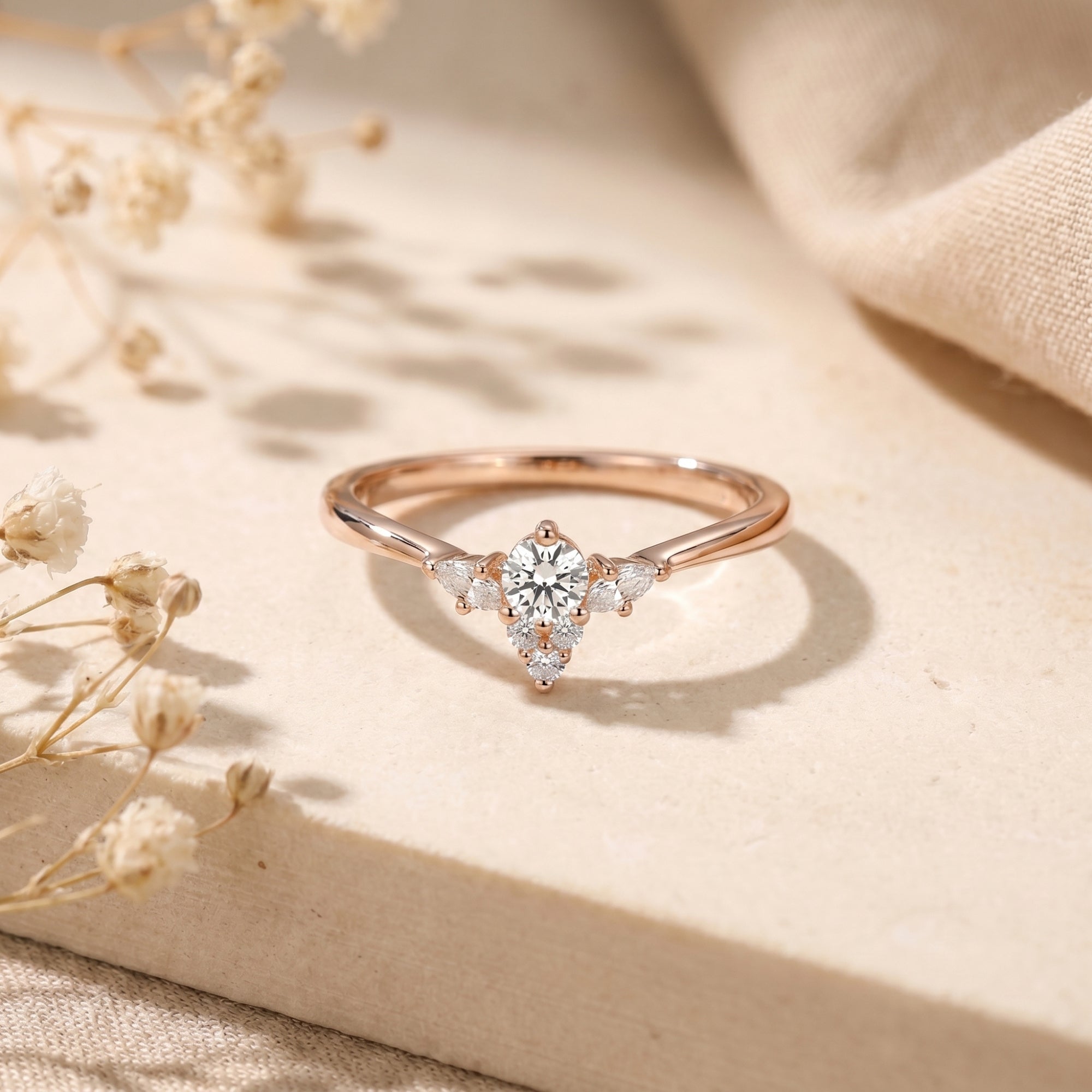 Rose gold Lysianna ring featuring a brilliant round simulated diamond in a floral cluster arrangement.