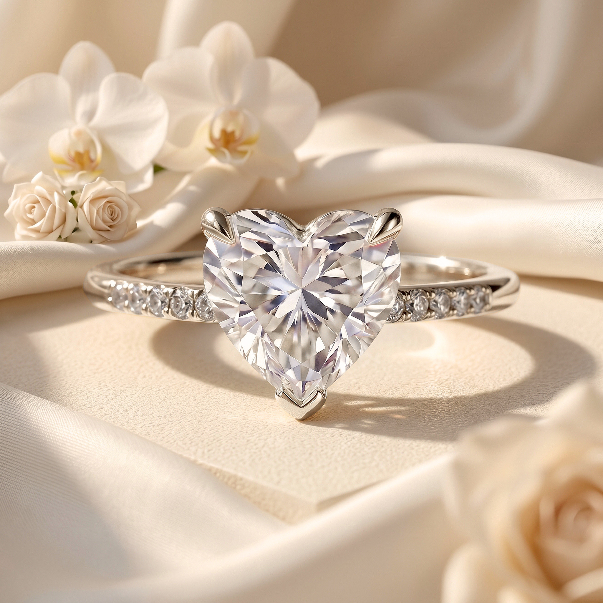 A brilliant white gold engagement ring featuring a heart-shaped moissanite center stone and a sparkling pave band, resting on soft satin.