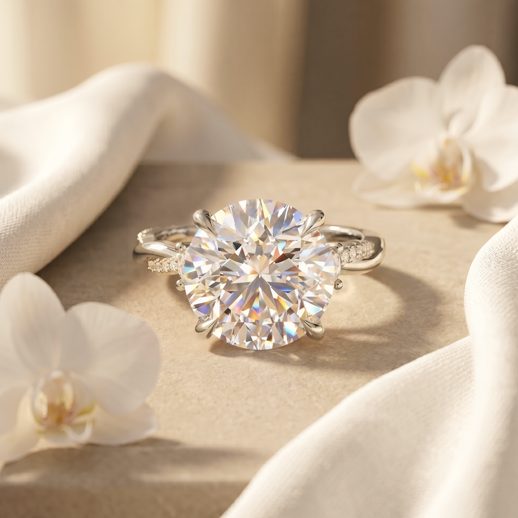 A stunning white gold moissanite engagement ring featuring a brilliant round cut center stone nestled among white orchids.