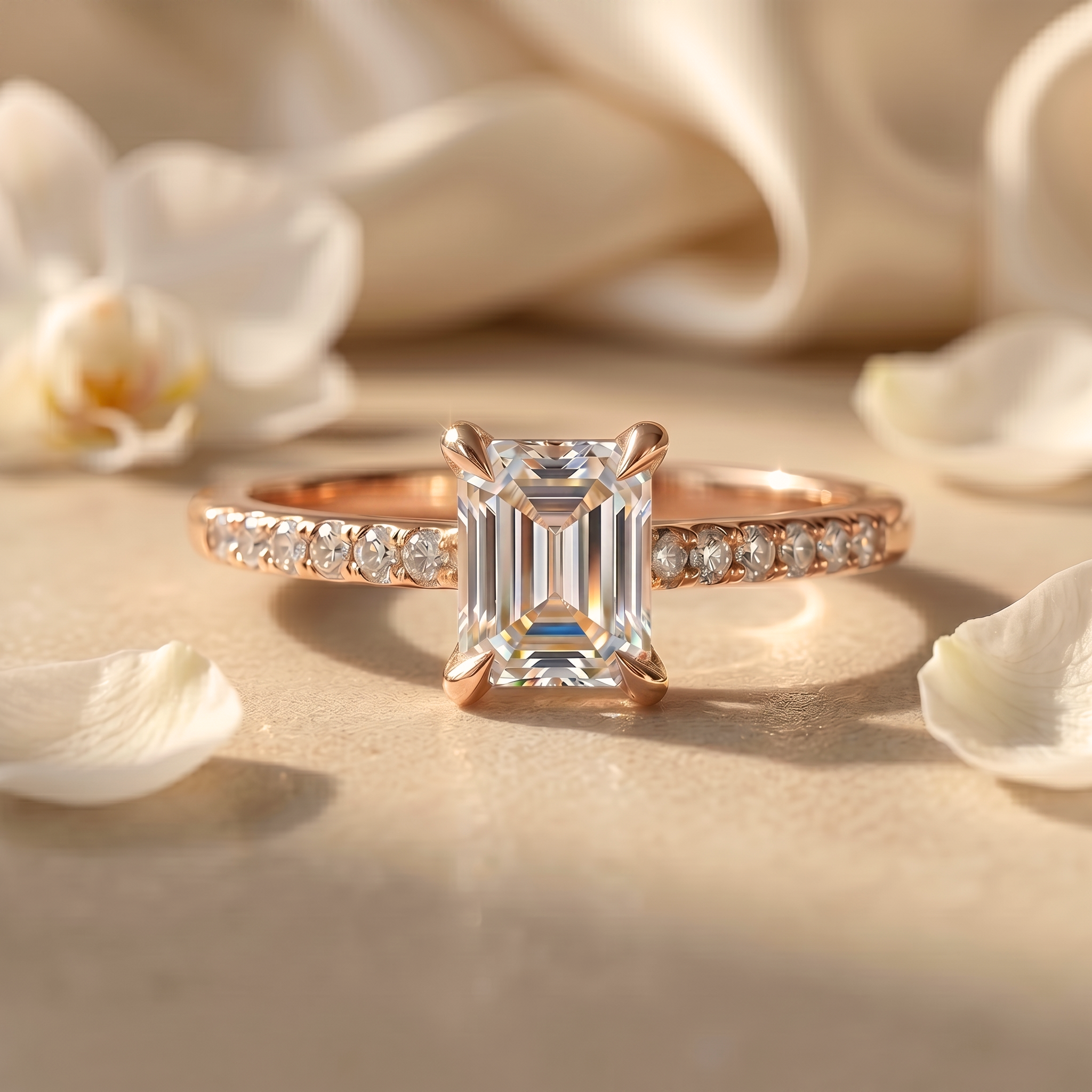 An elegant emerald cut moissanite engagement ring in rose gold with a pave band, showcased on a soft beige background with white orchid petals.