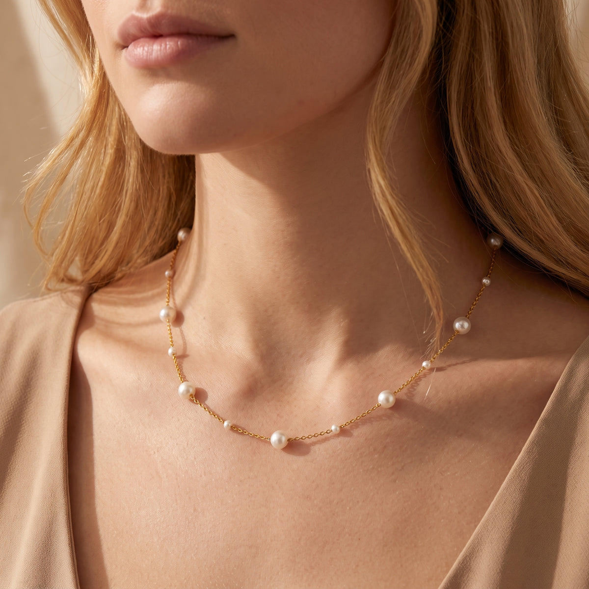 Close-up view of the gold-tone pearl station necklace resting across a model’s neck and collarbone.