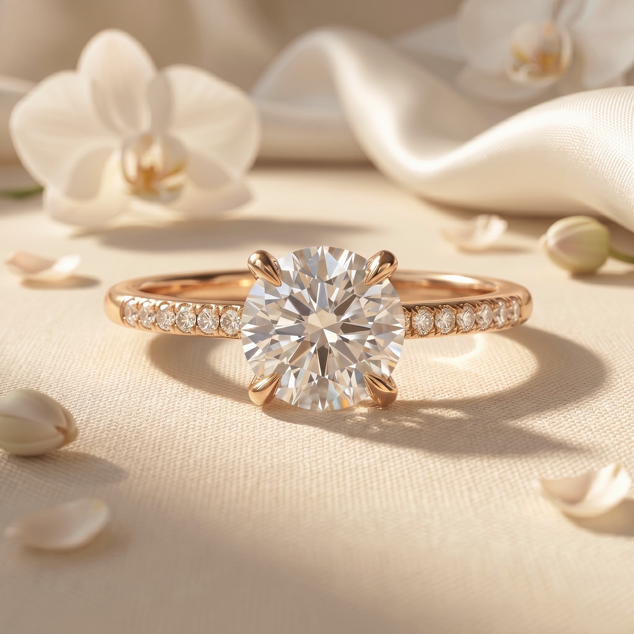 A beautiful round-cut moissanite engagement ring with a rose gold pave band, set on a luxurious cream silk background.