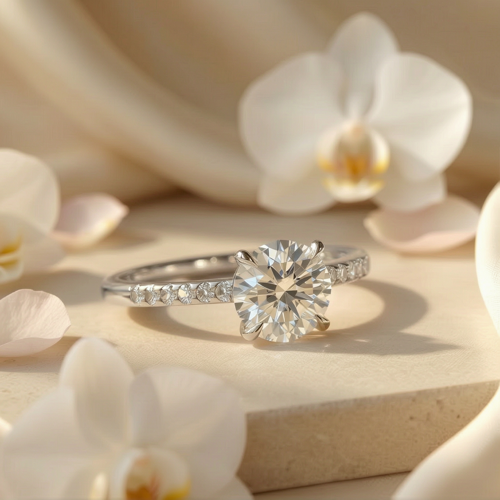 A classic round cut moissanite solitaire engagement ring in white gold, showcasing a brilliant center stone.