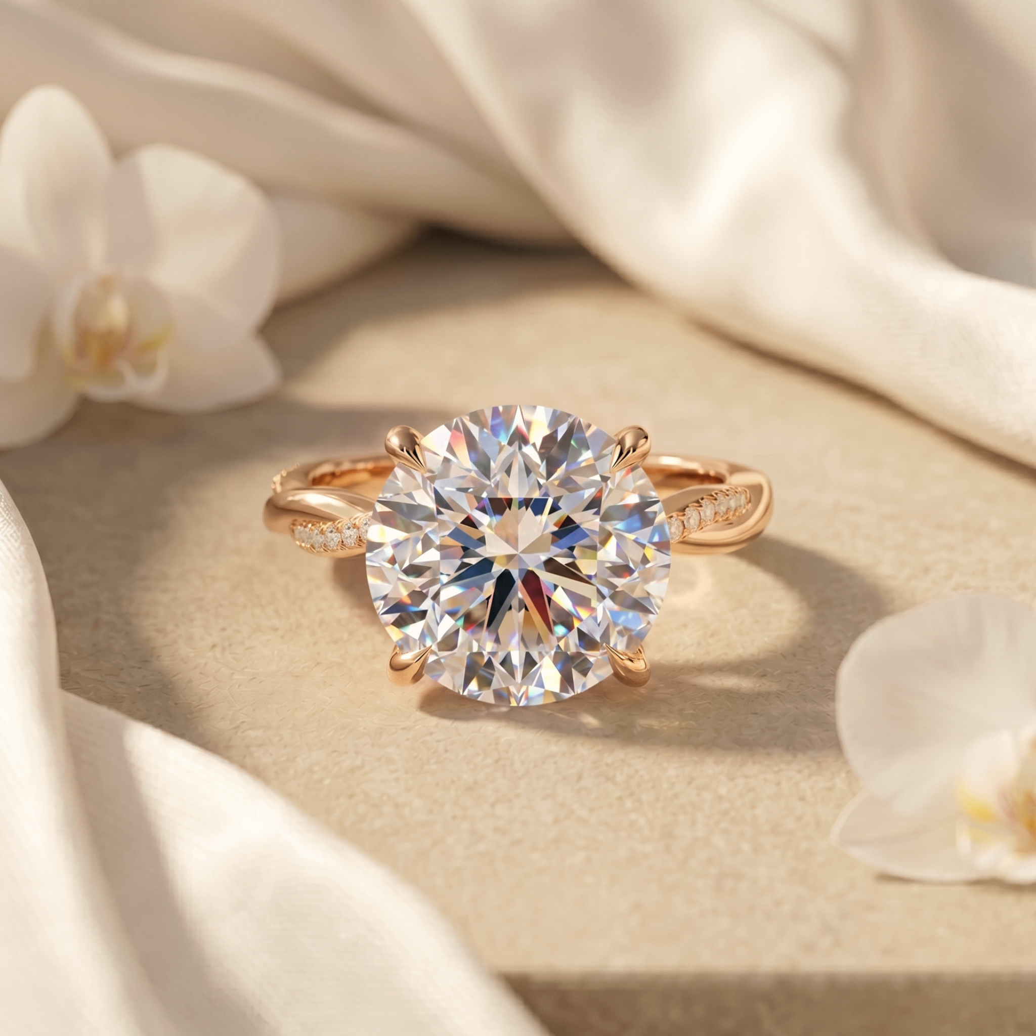 A beautiful round-cut moissanite engagement ring featuring a rose gold twisted band with diamond accents.