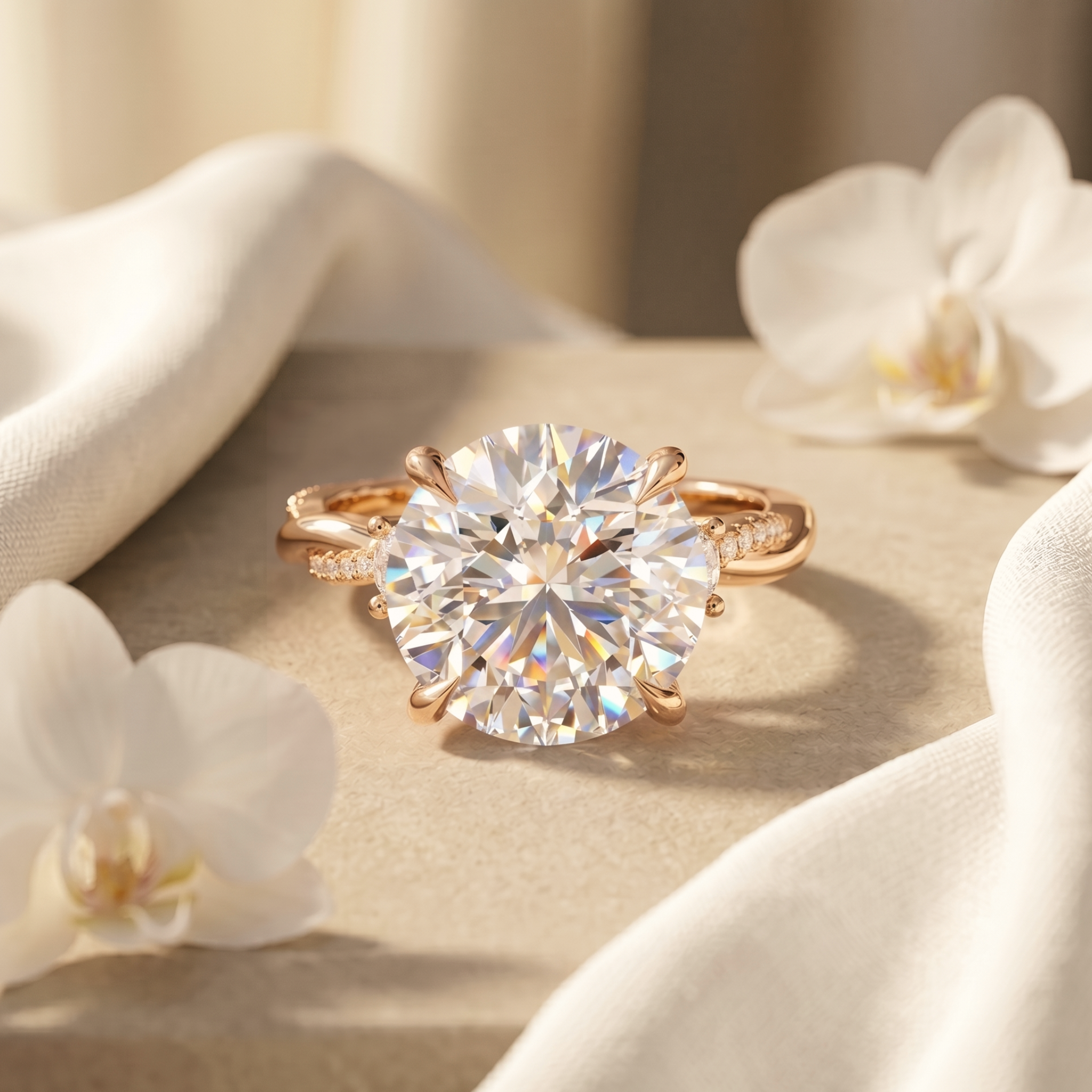 A round-cut moissanite engagement ring in rose gold, showcased on a textured beige surface with white orchid petals.