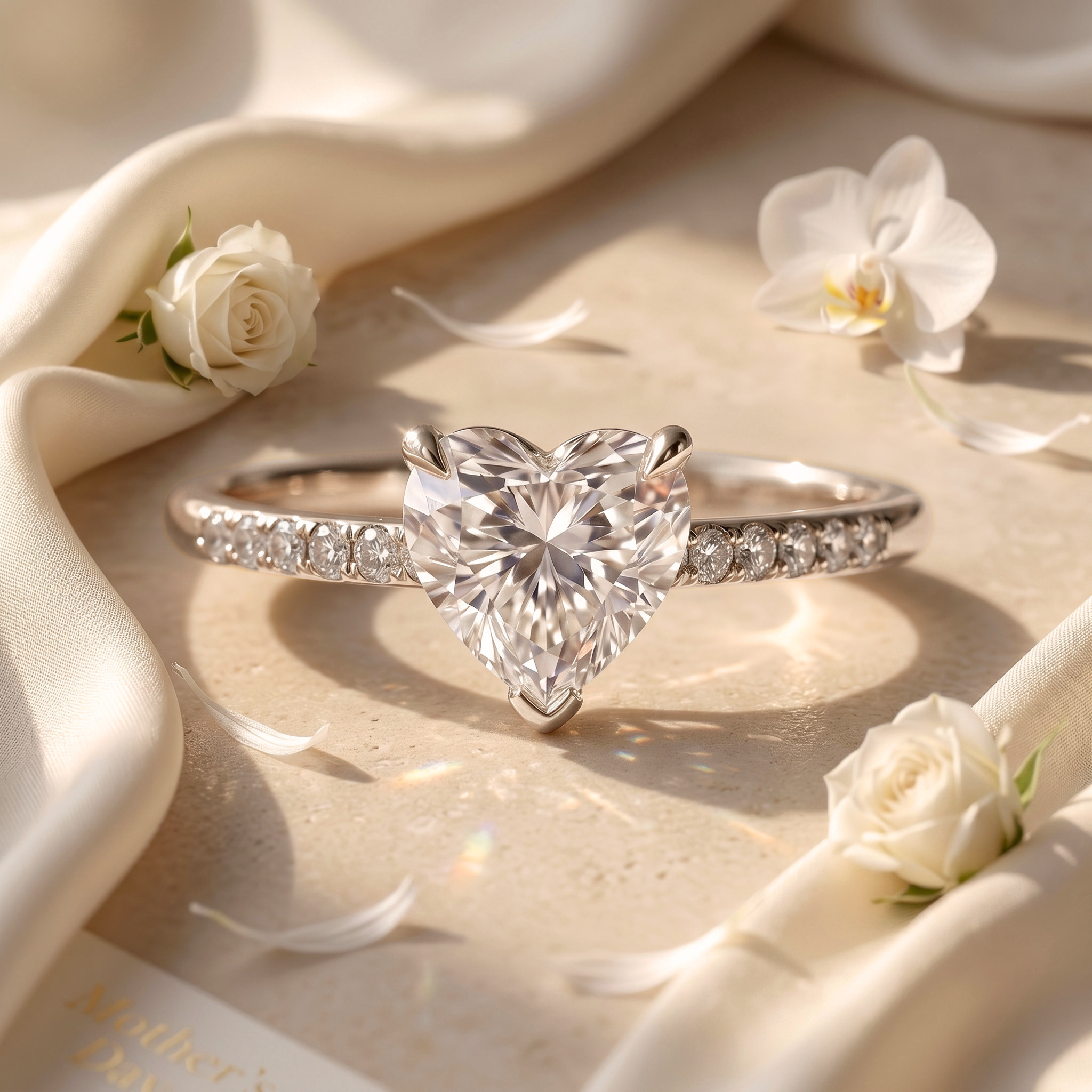 A white gold heart-shaped moissanite engagement ring displayed beautifully on soft silk.