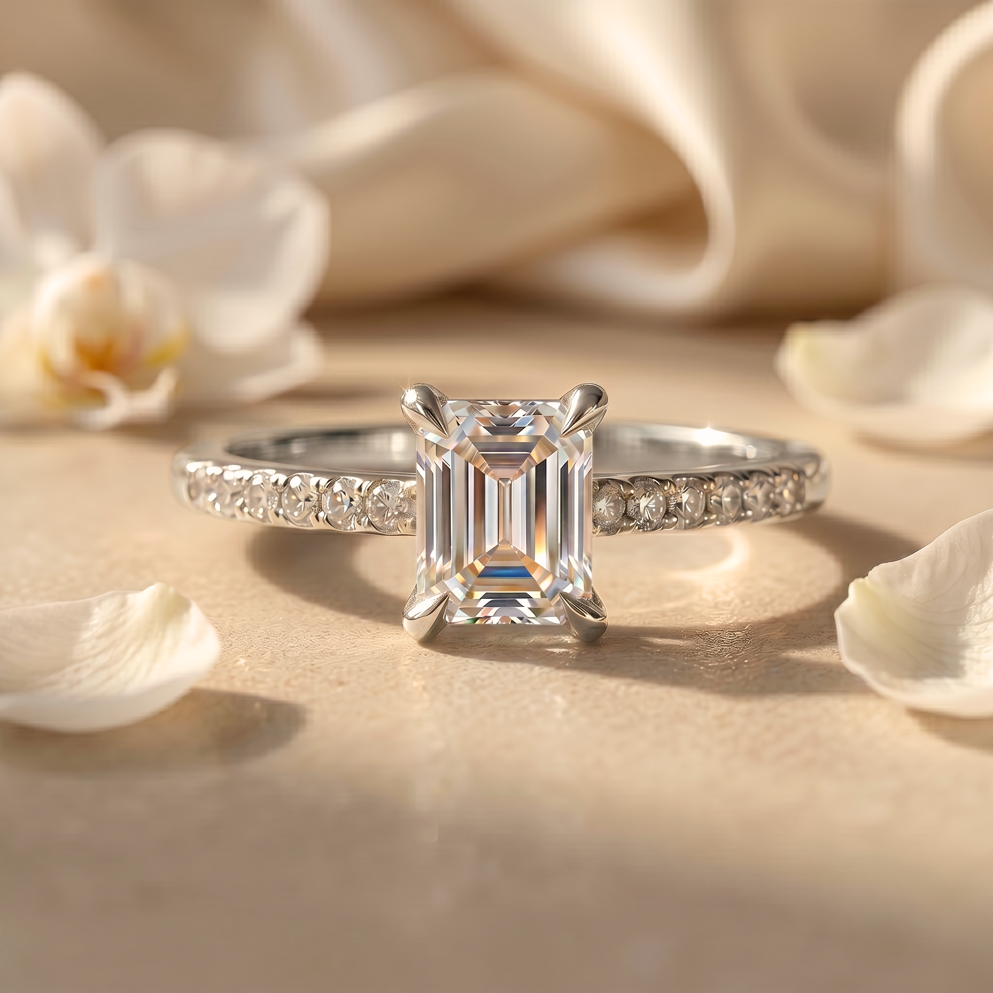 An elegant emerald cut moissanite engagement ring in white gold with a pave band, beautifully presented on a neutral-toned background.