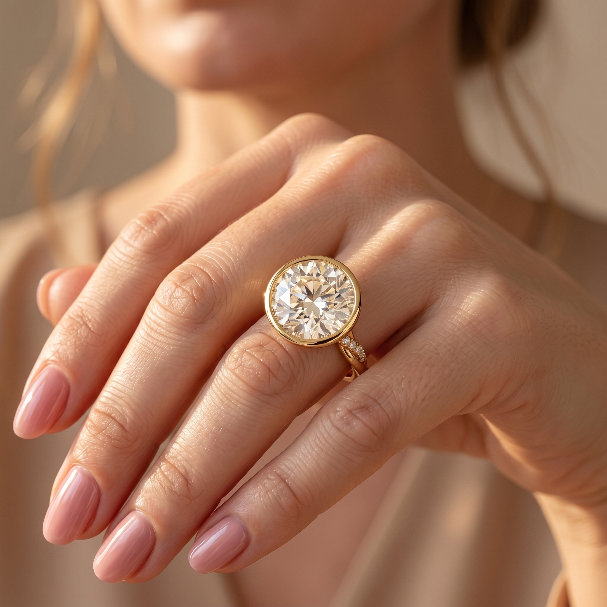 A close-up view of a woman wearing a yellow gold round-cut moissanite bezel engagement ring.