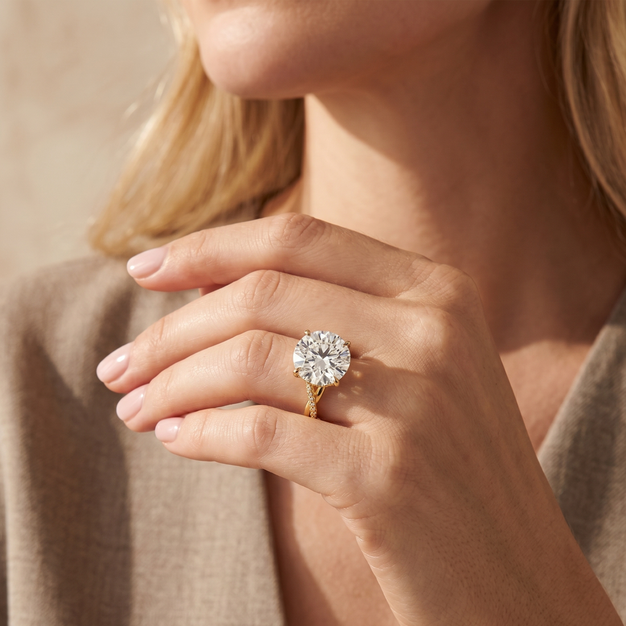 A close-up of a model wearing a round-cut moissanite ring with a yellow gold twisted band.