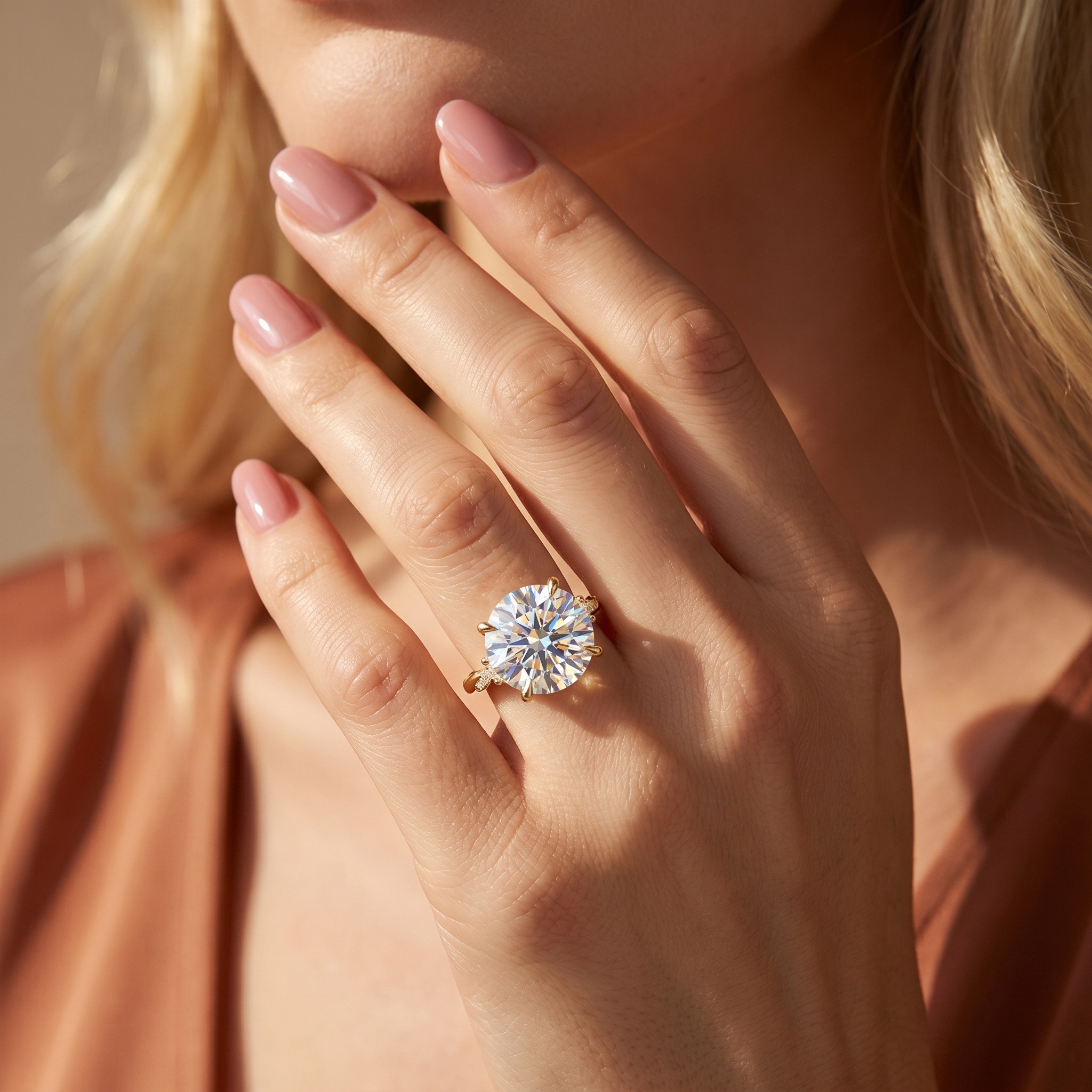 Close-up of a model wearing a round-cut yellow gold moissanite engagement ring against her chin.
